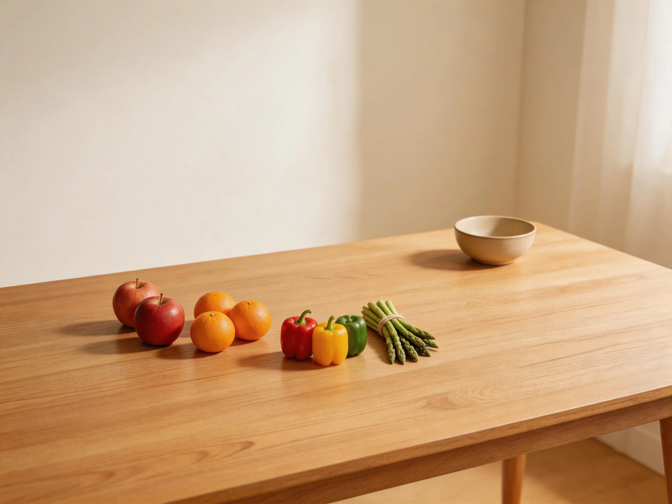 A wooden table holds apples, oranges, bell peppers, asparagus, and a bowl.