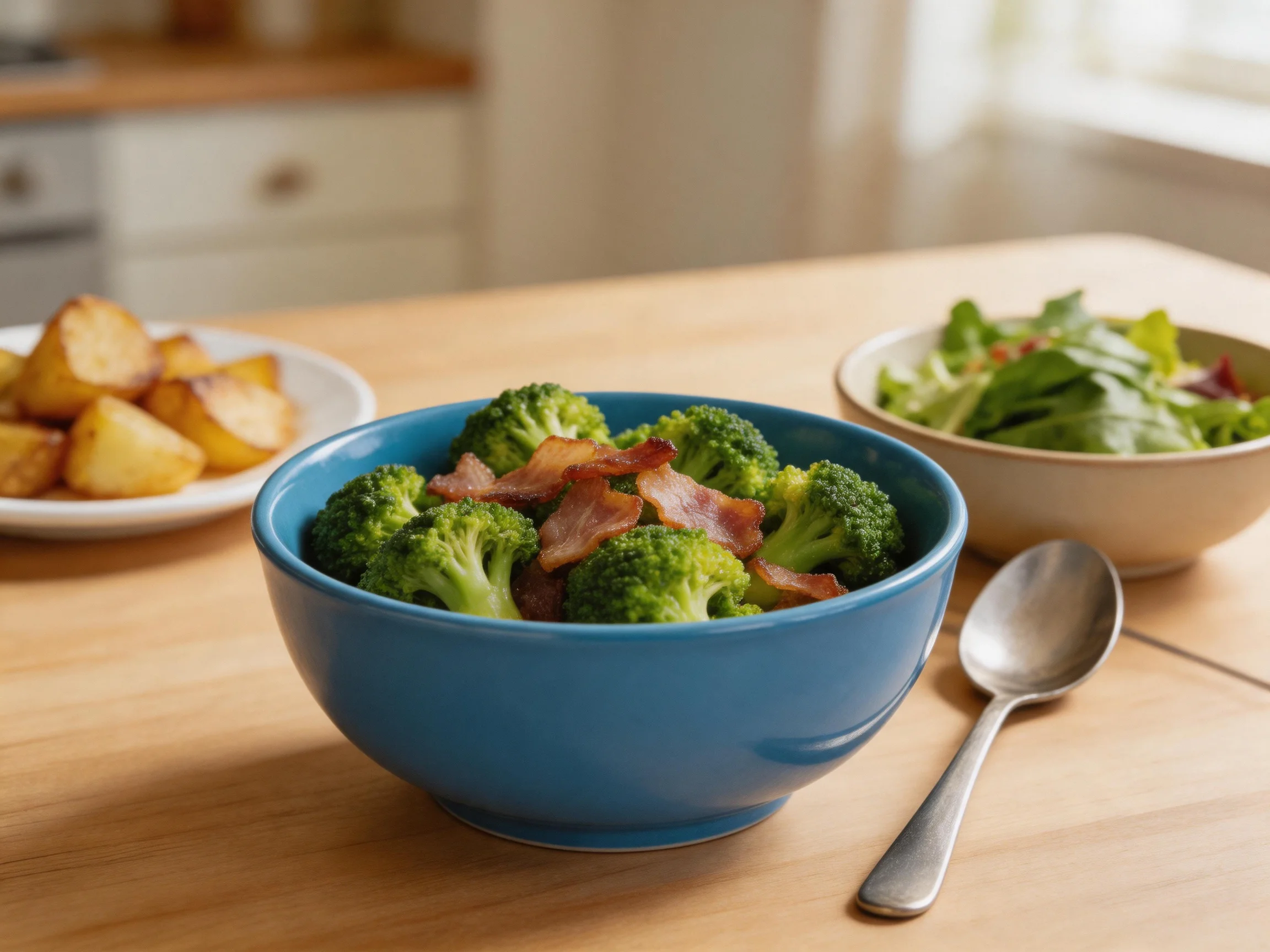 A wooden table holds bowls of broccoli with bacon, roasted potatoes, and green salad