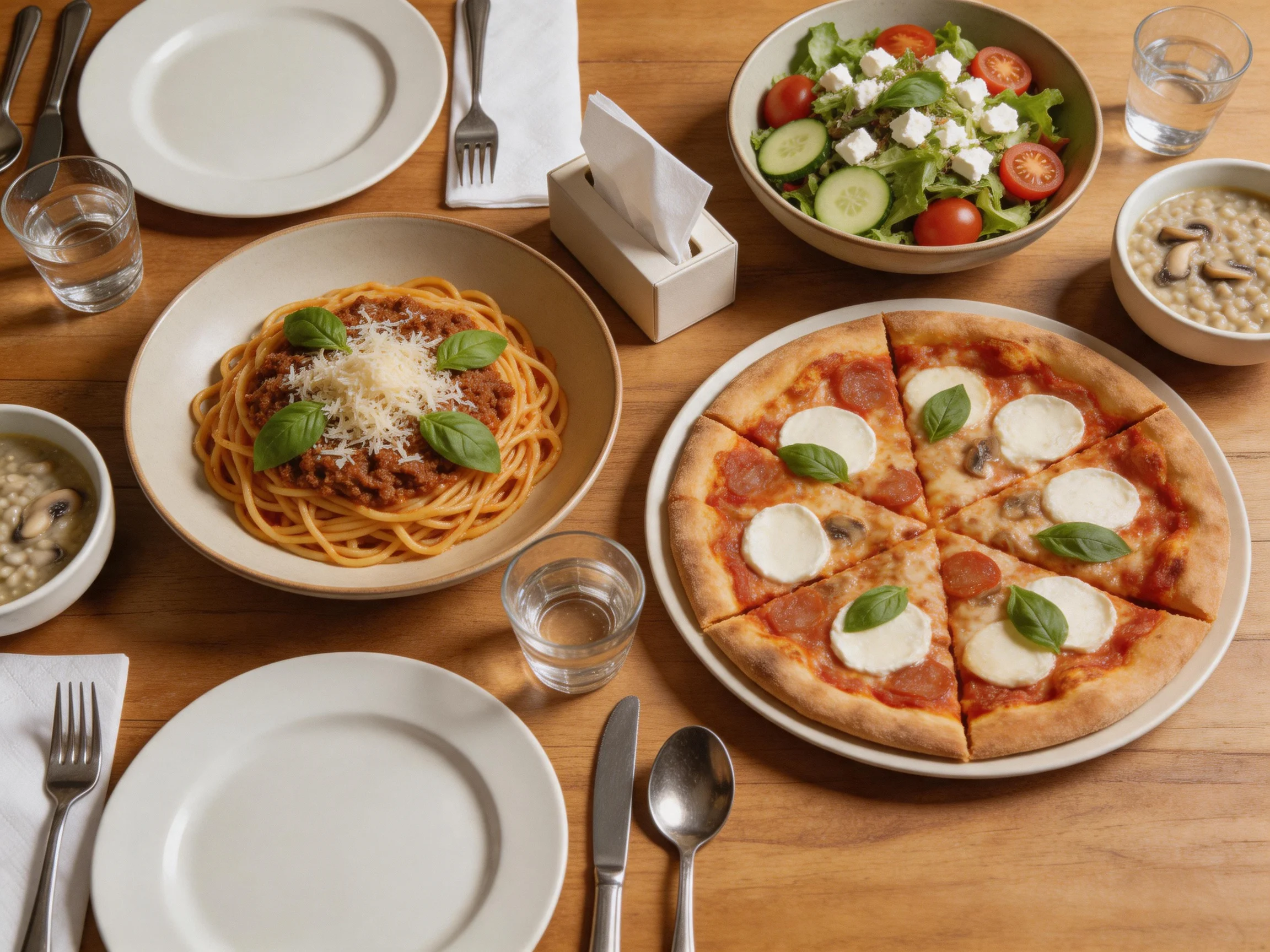 A wooden table presents Italian dishes including spaghetti, pizza, salad, and rice bowls