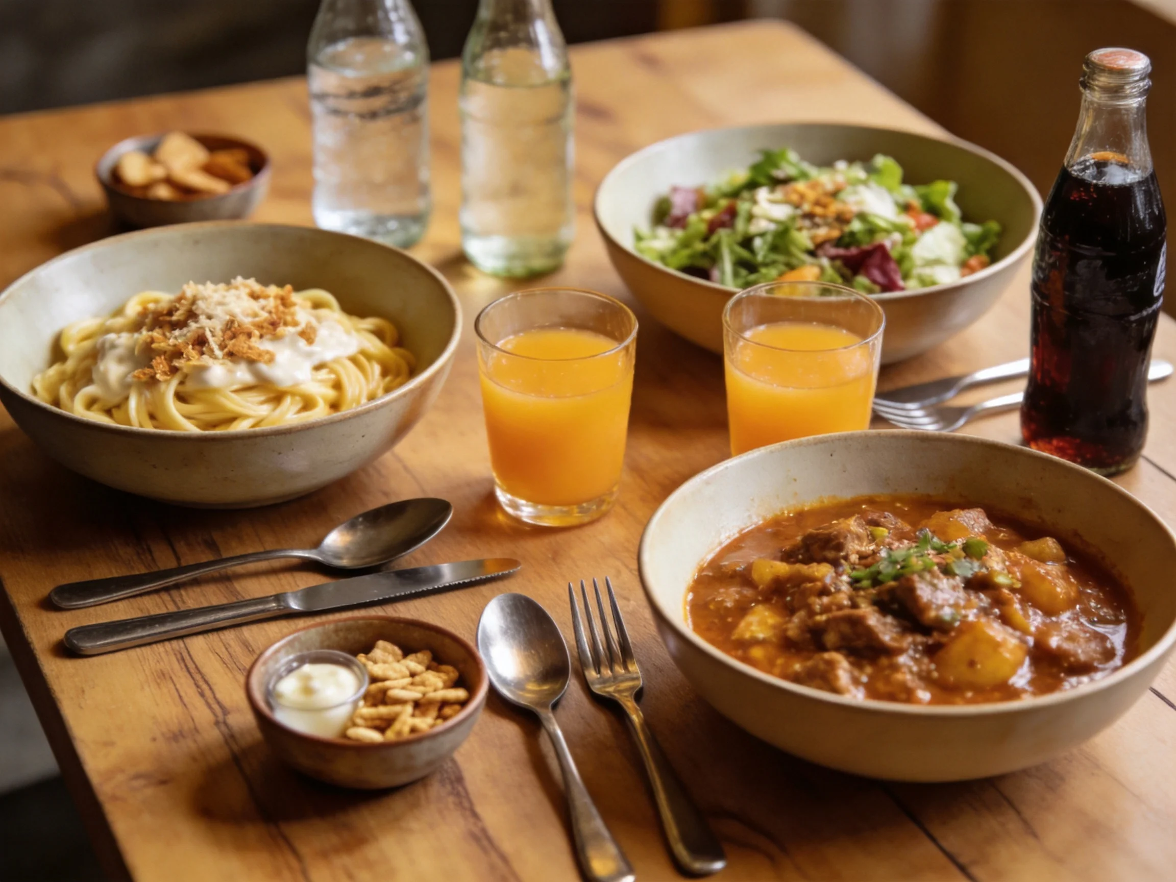 A wooden table serves pasta, stew, salad, and drinks with utensils and snacks.