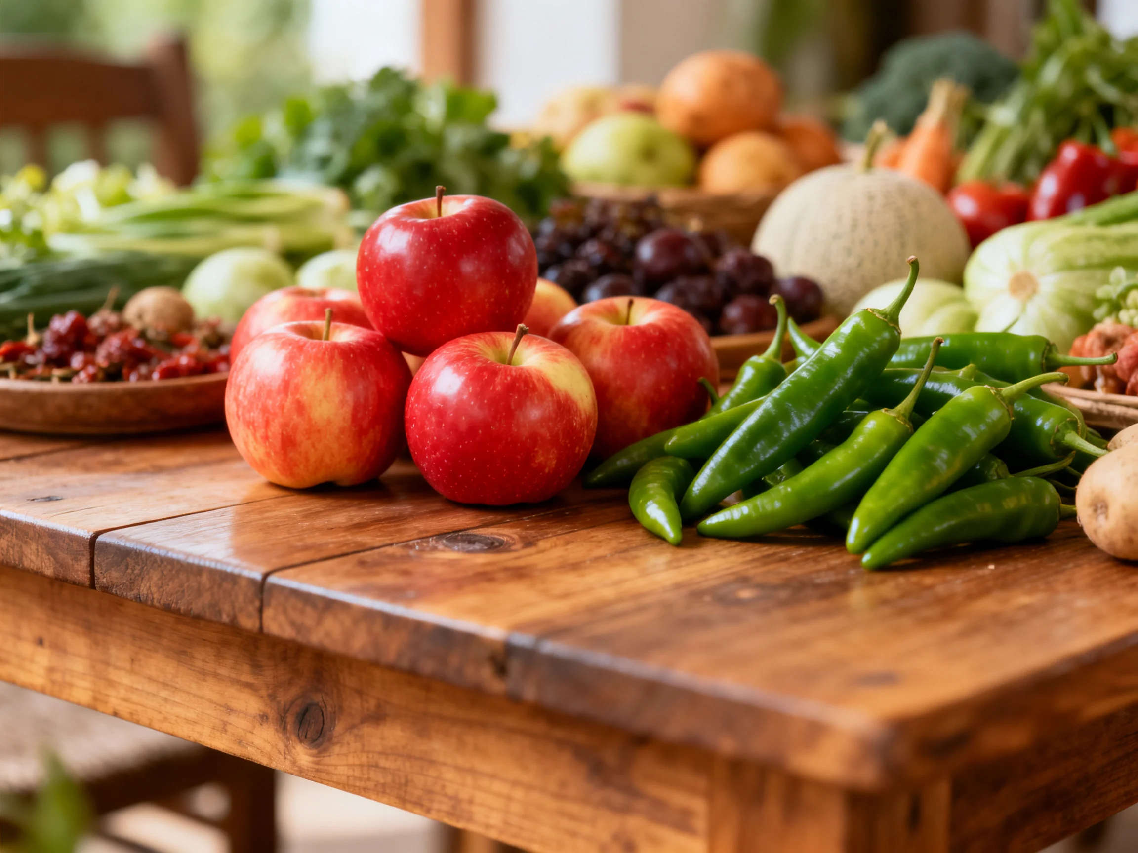 A wooden table showcases a vibrant mix of fruits and vegetables like red apples and green chilies