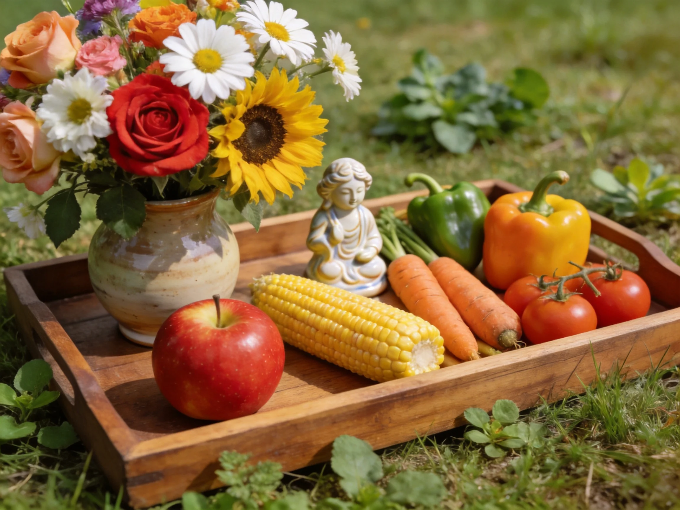 A wooden tray displays colorful flowers, fresh vegetables, and a decorative figurine on grass