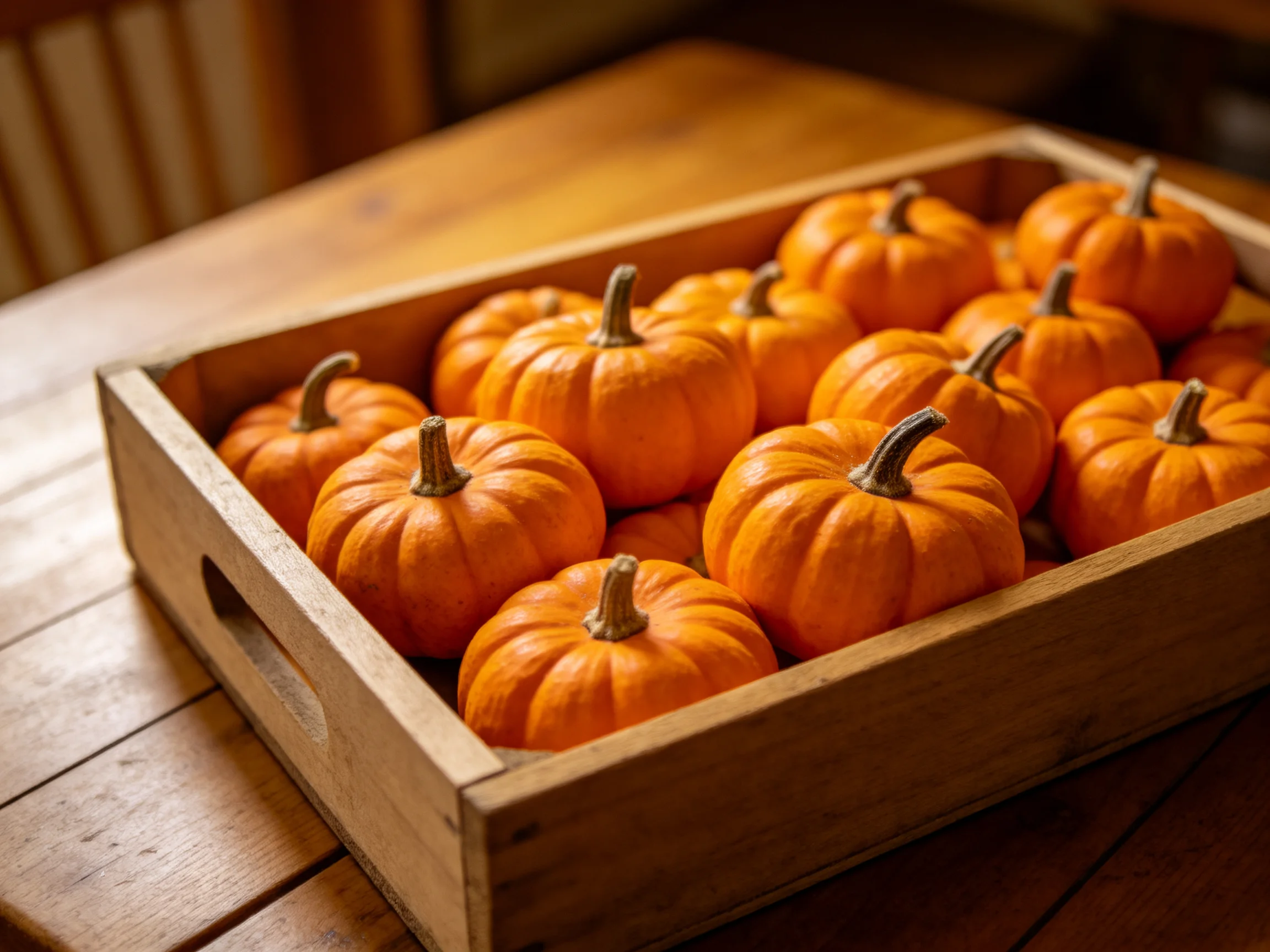 A wooden tray holds multiple small orange pumpkins on a wooden table