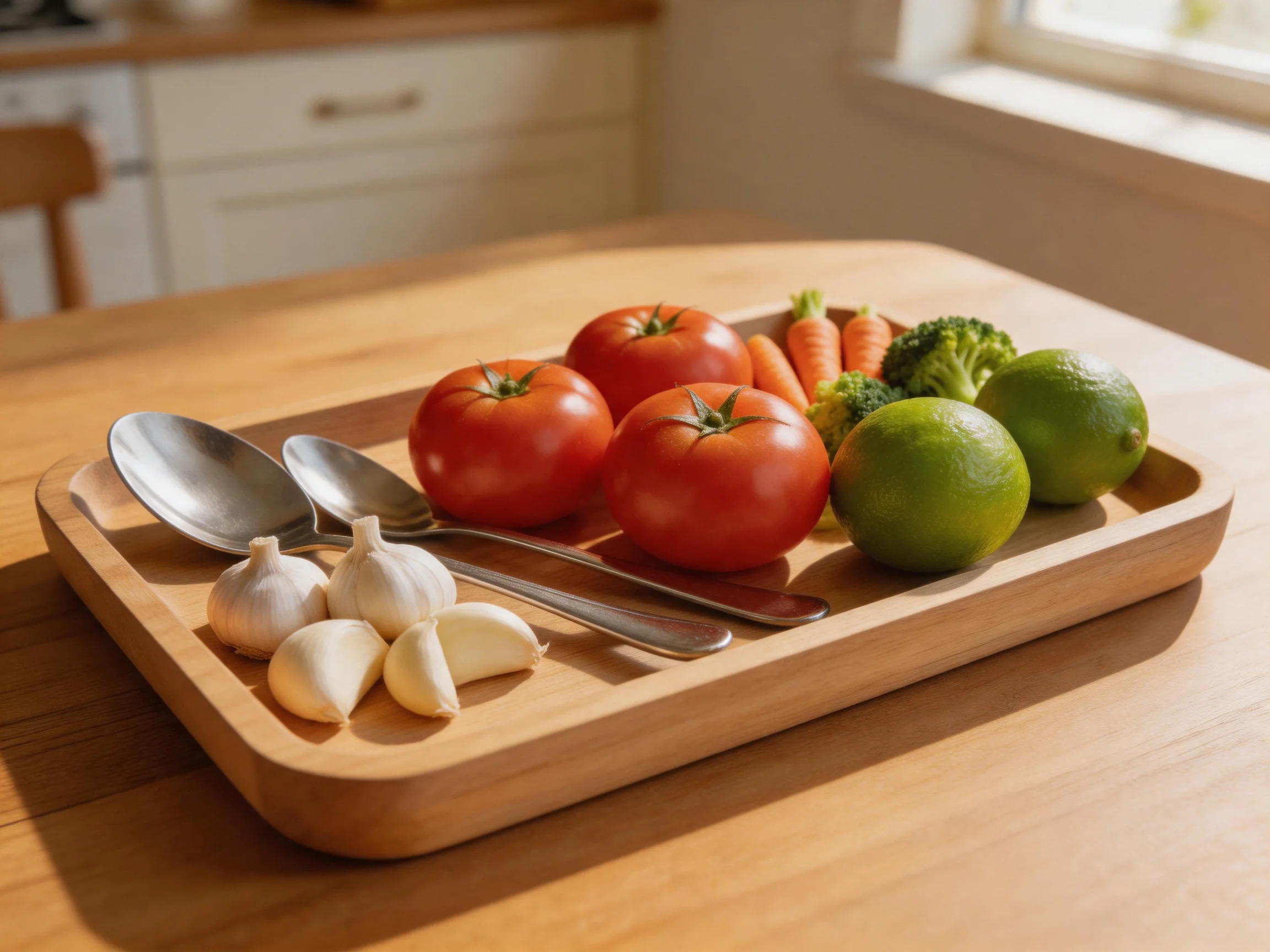 A wooden tray holds tomatoes, limes, carrots, broccoli, garlic, and metal spoons.