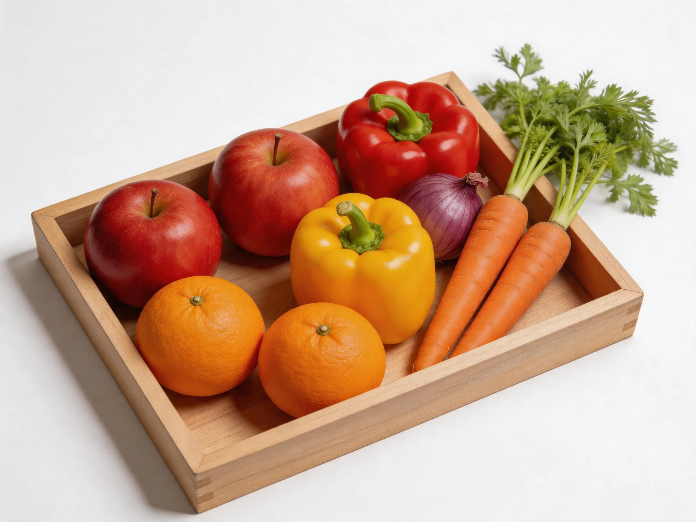 A wooden tray holds two apples, two oranges, bell peppers, an onion, carrots, and parsley.