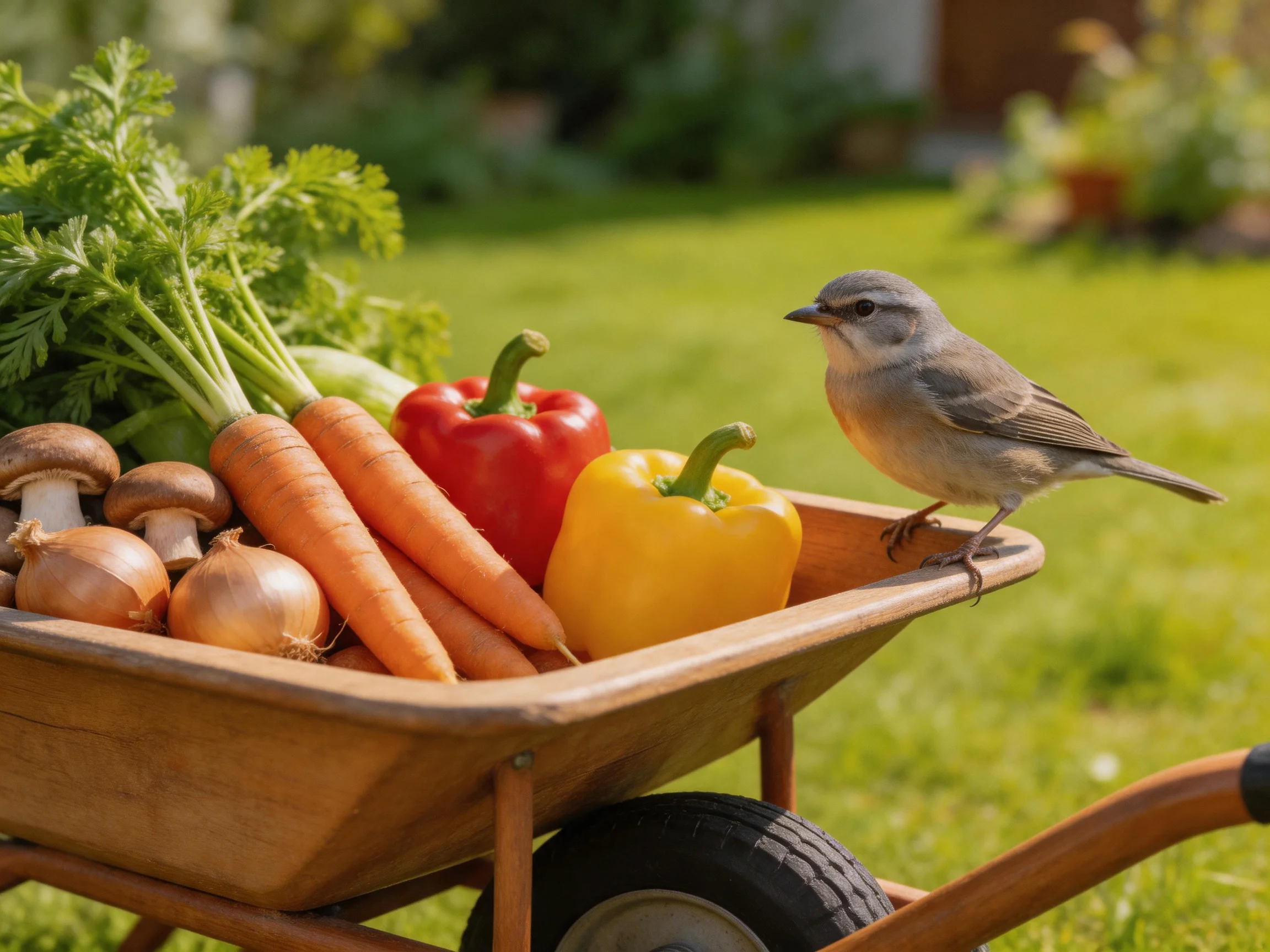 A wooden wheelbarrow holds vibrant vegetables with a small bird perched