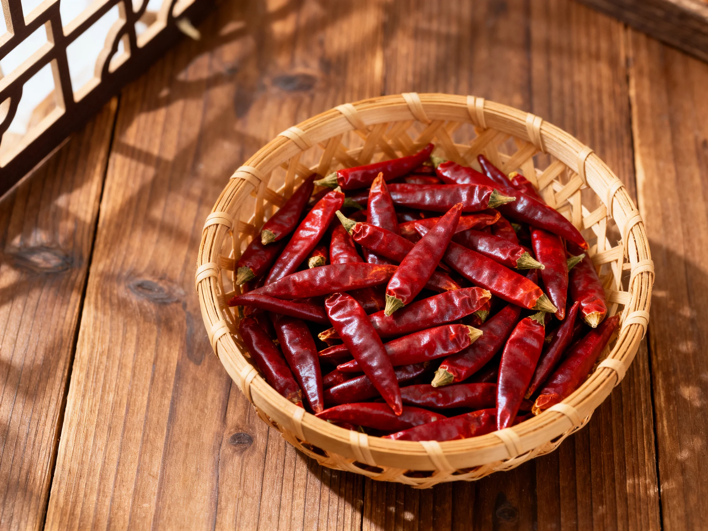 A woven bamboo basket overflowed with glossy red dried chilies on a wooden table