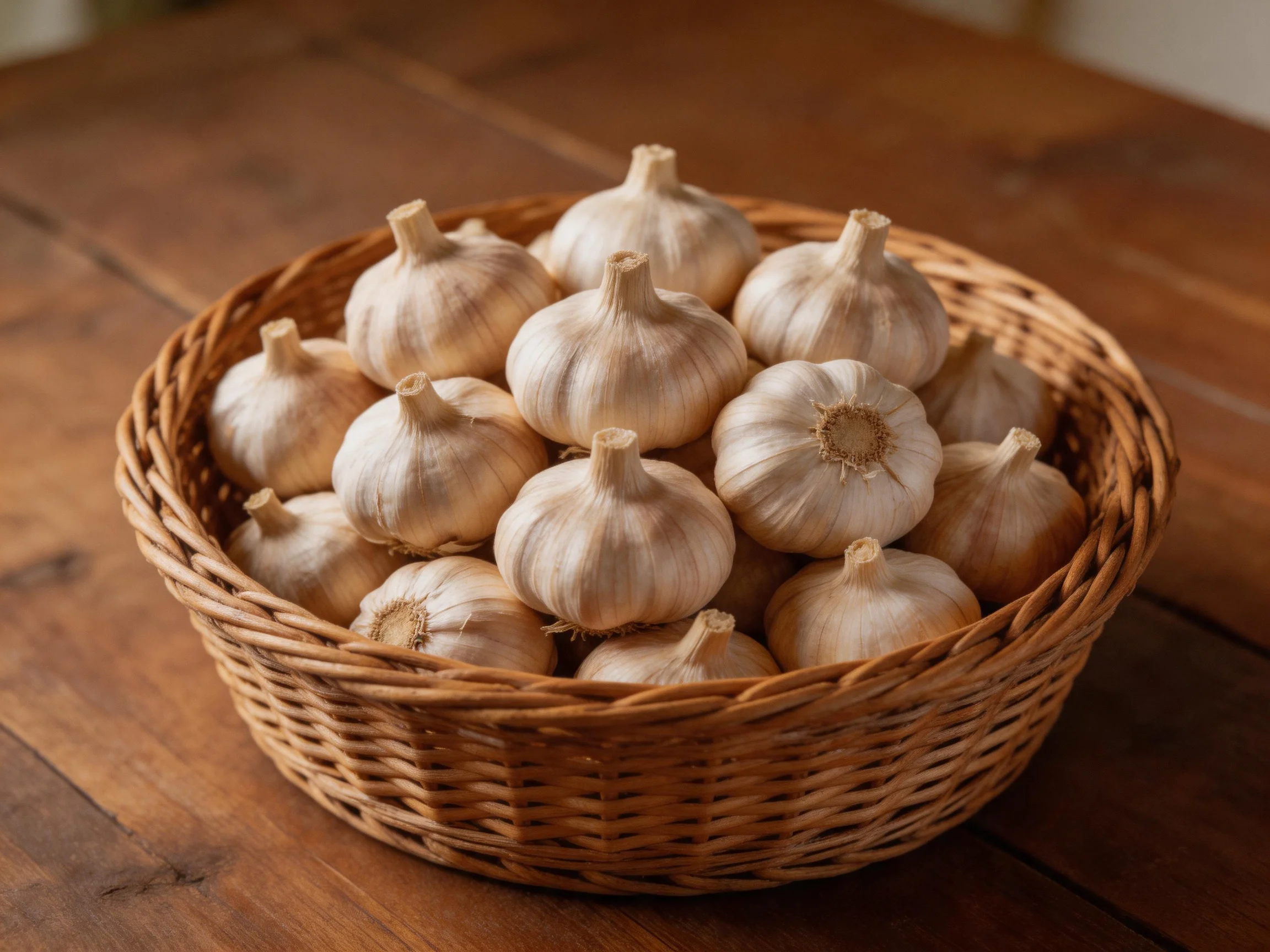 A woven basket brimming with garlic bulbs rests on a wooden table