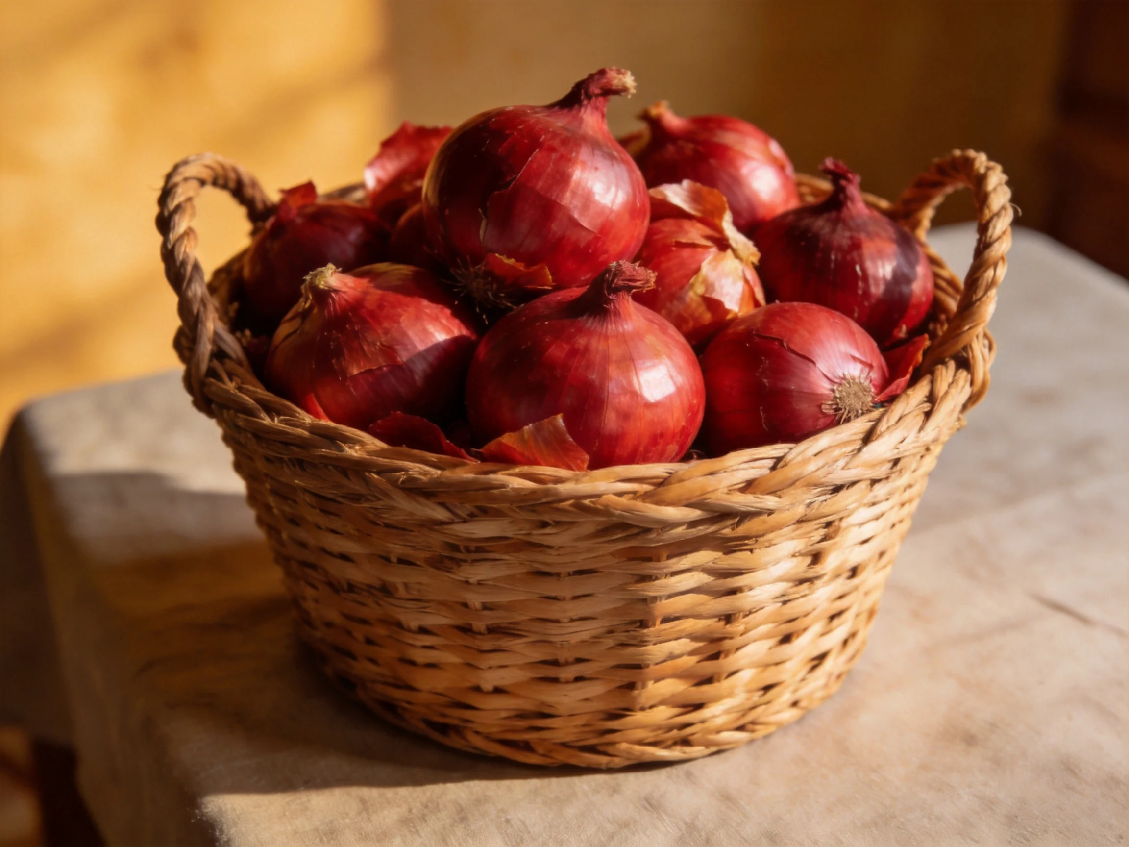 A woven basket brimming with glossy red onions under warm lighting