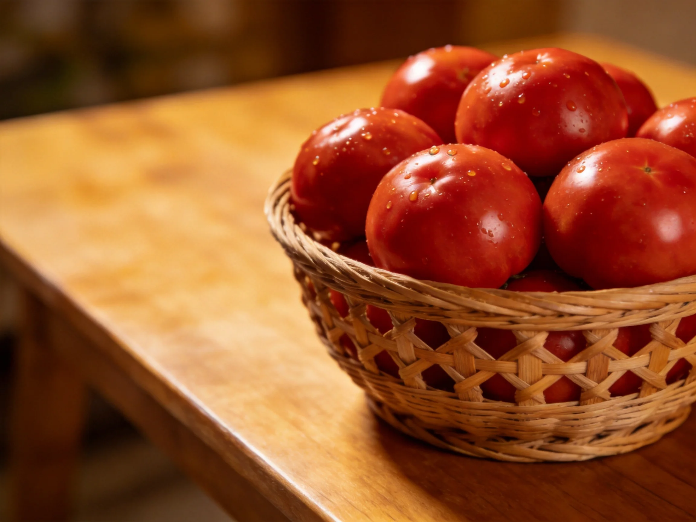 A woven basket brimming with vibrant red tomatoes sits atop a polished wooden table