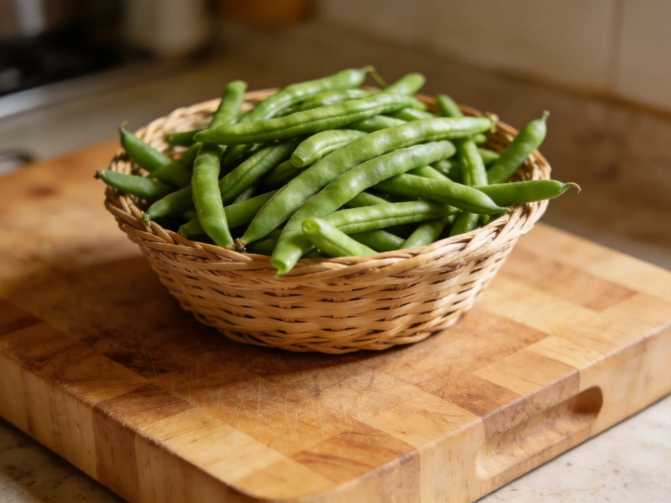 A woven basket filled with fresh green beans sits on a wooden cutting board