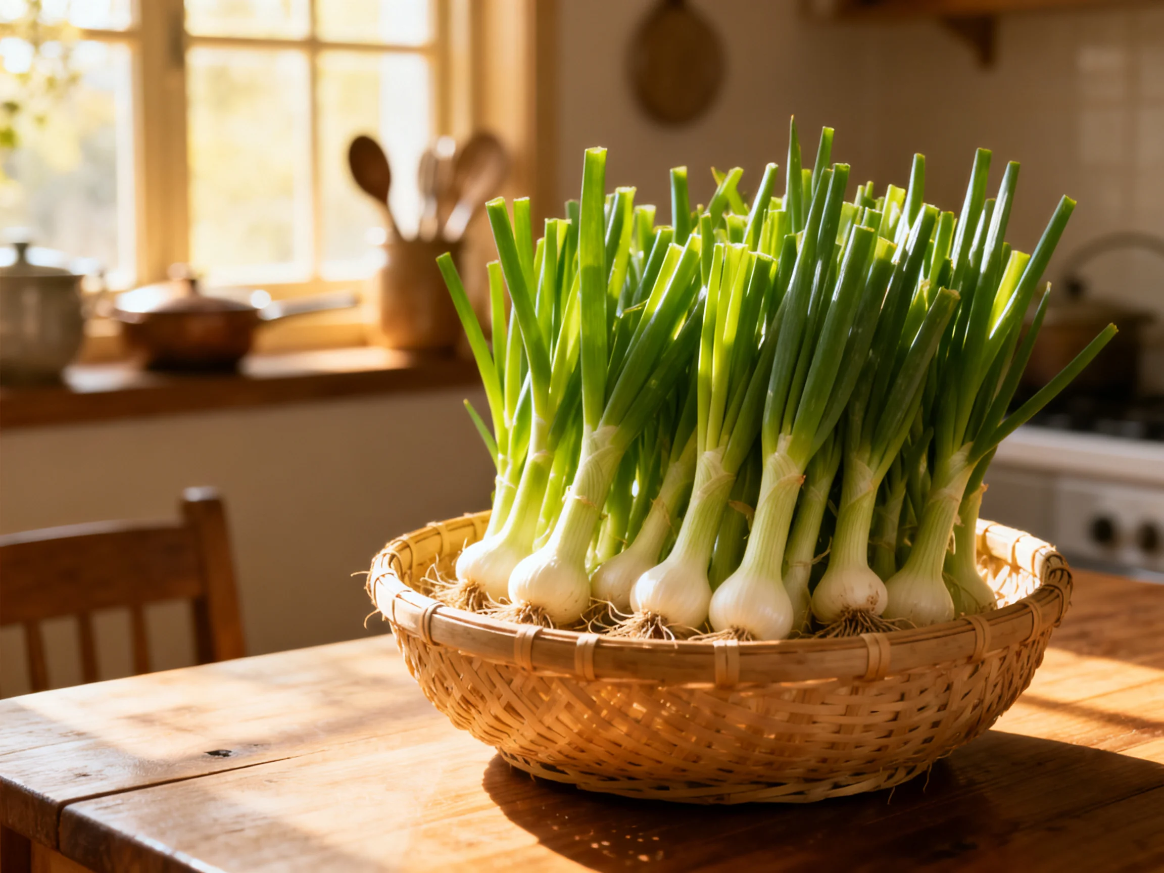 A woven basket filled with fresh green scallions sits on a wooden kitchen table