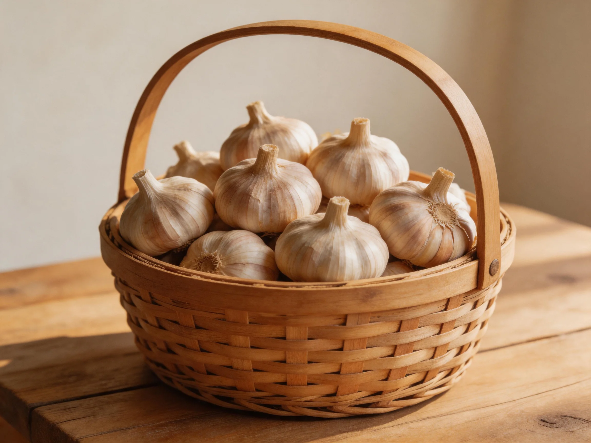 A woven basket filled with garlic bulbs sits on a wooden table