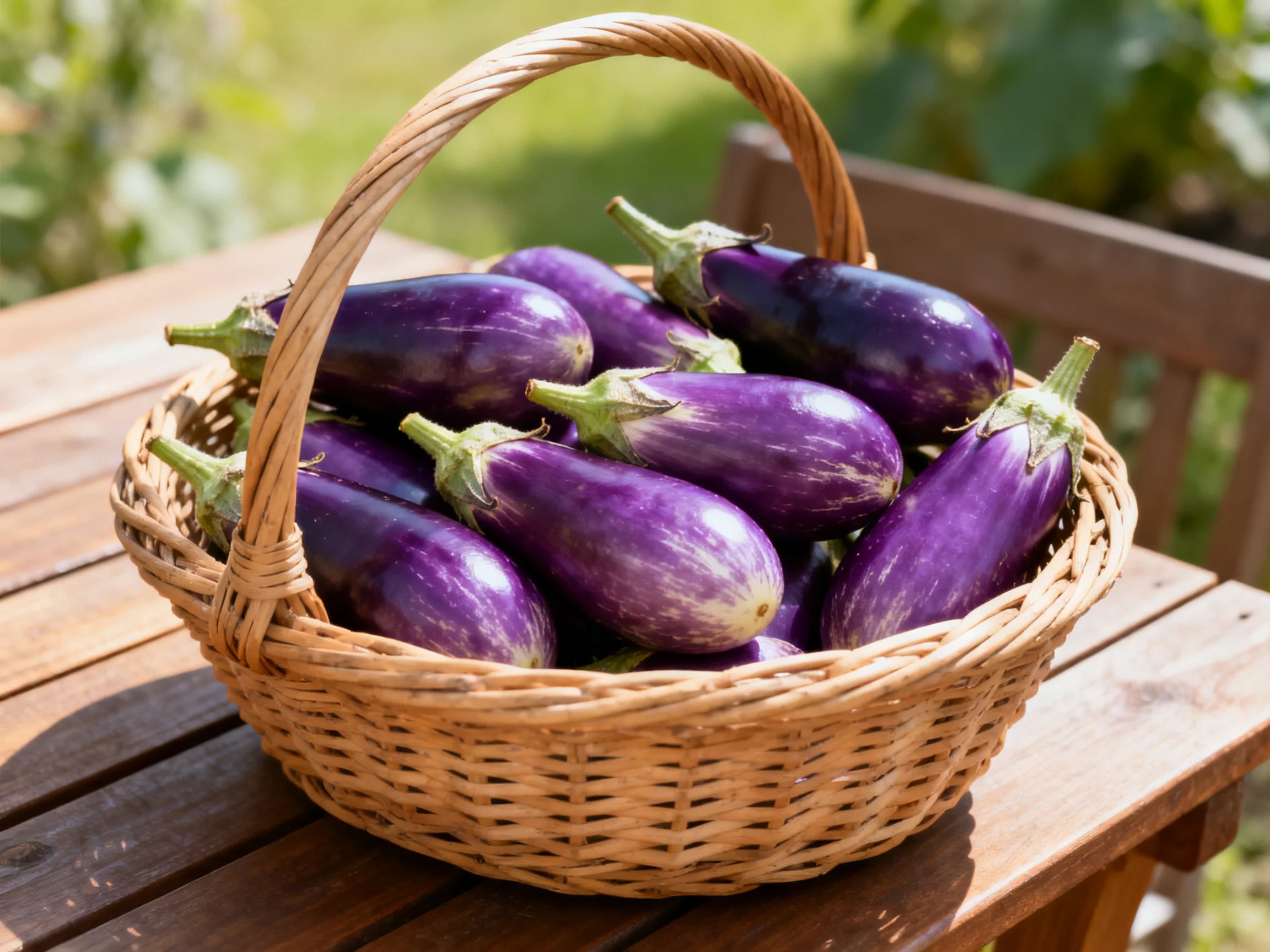 A woven basket filled with vibrant purple eggplants sits on a wooden table