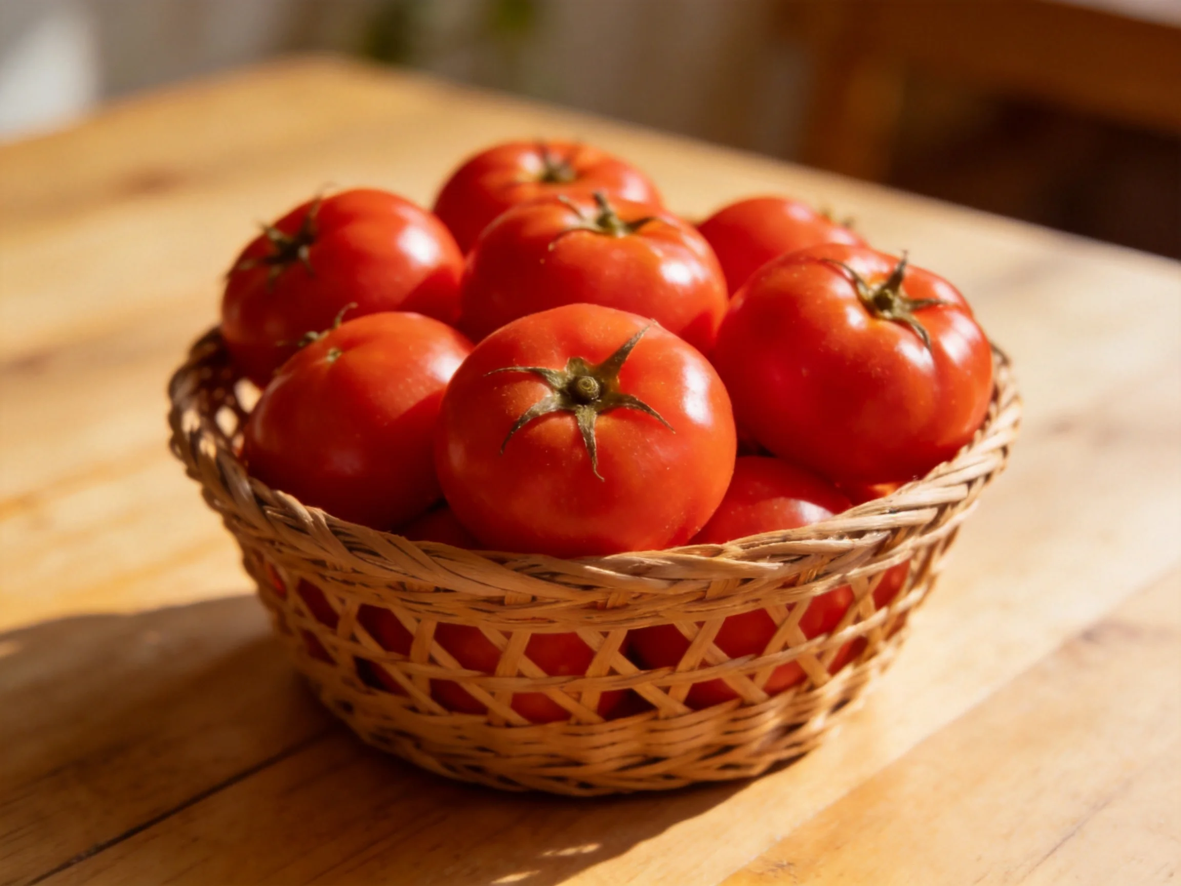 A woven basket filled with vibrant red tomatoes on a wooden table