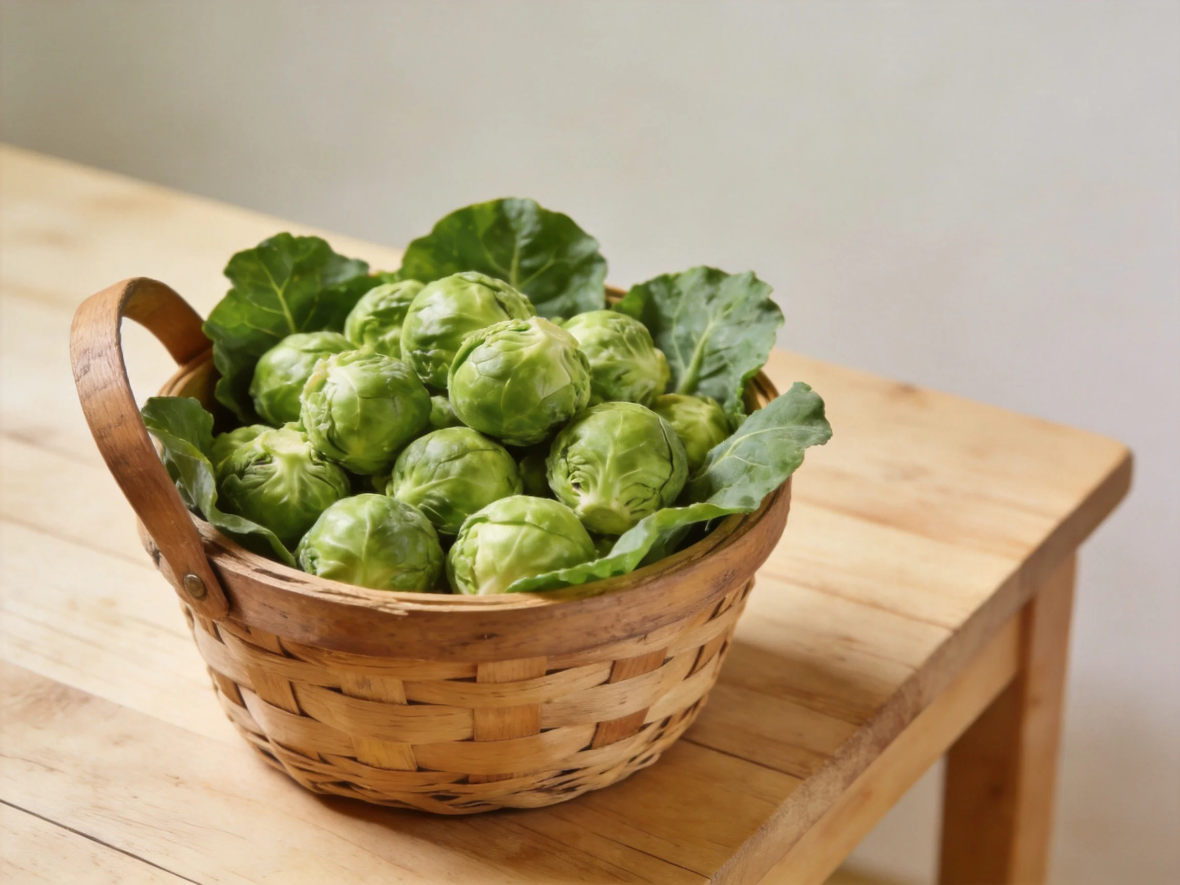 A woven basket holds fresh green Brussels sprouts on a wooden table