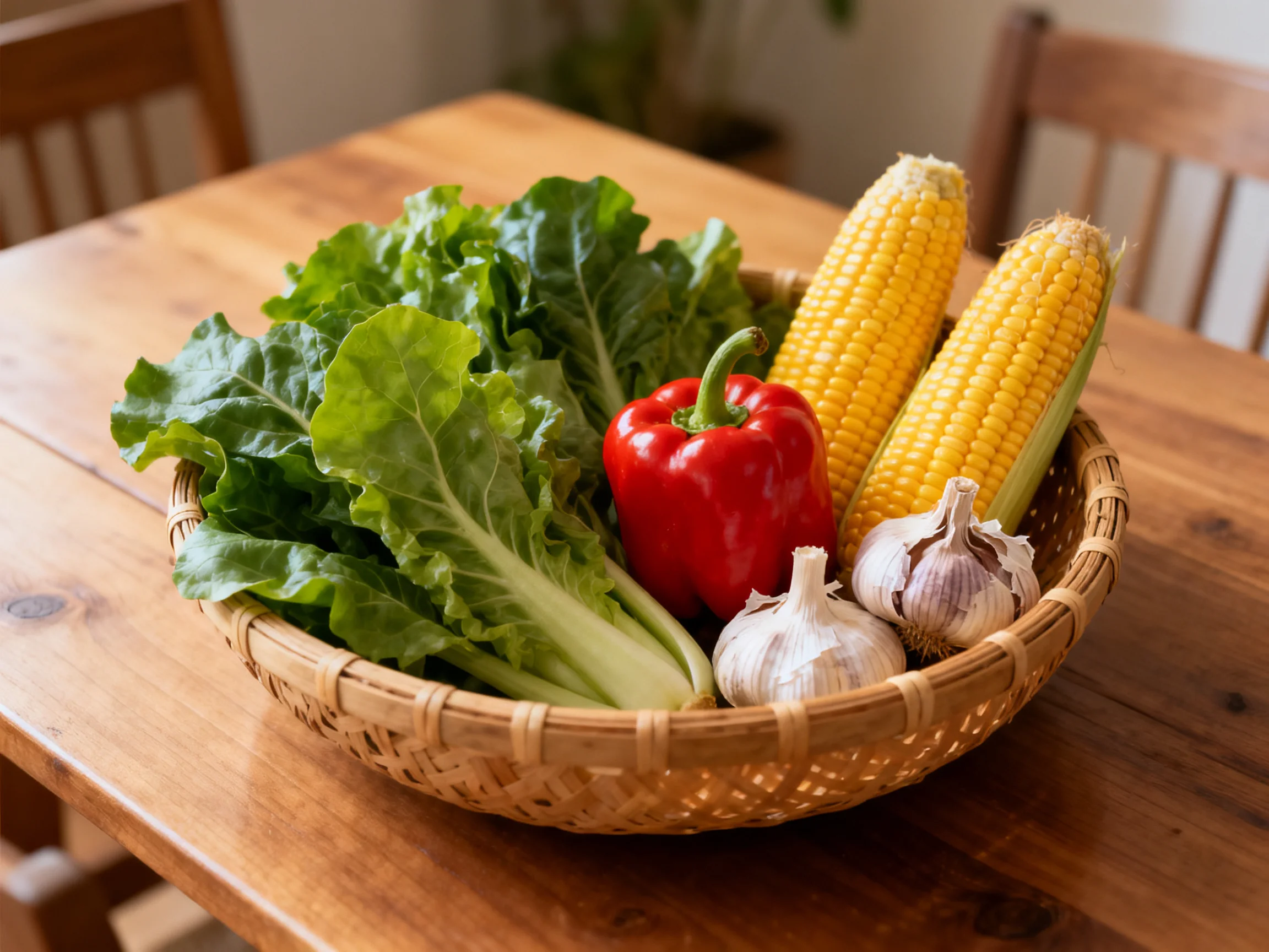 A woven basket holds fresh vegetables: lettuce, corn, red pepper, and garlic