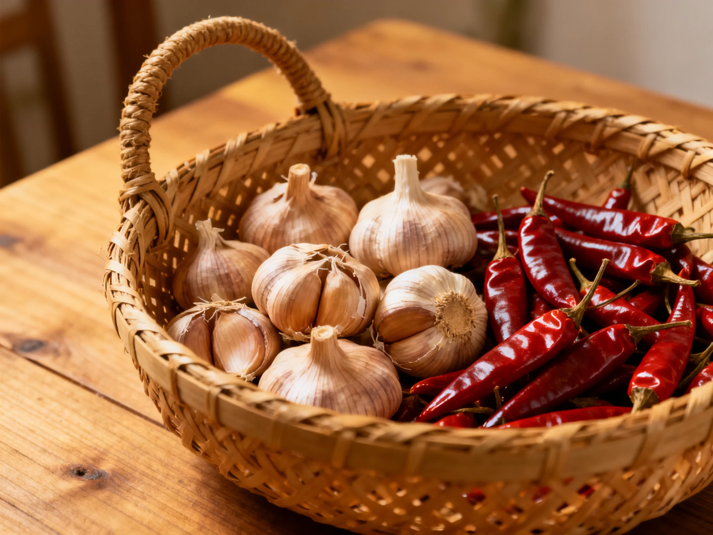 A woven basket holds garlic bulbs and bright red chili peppers