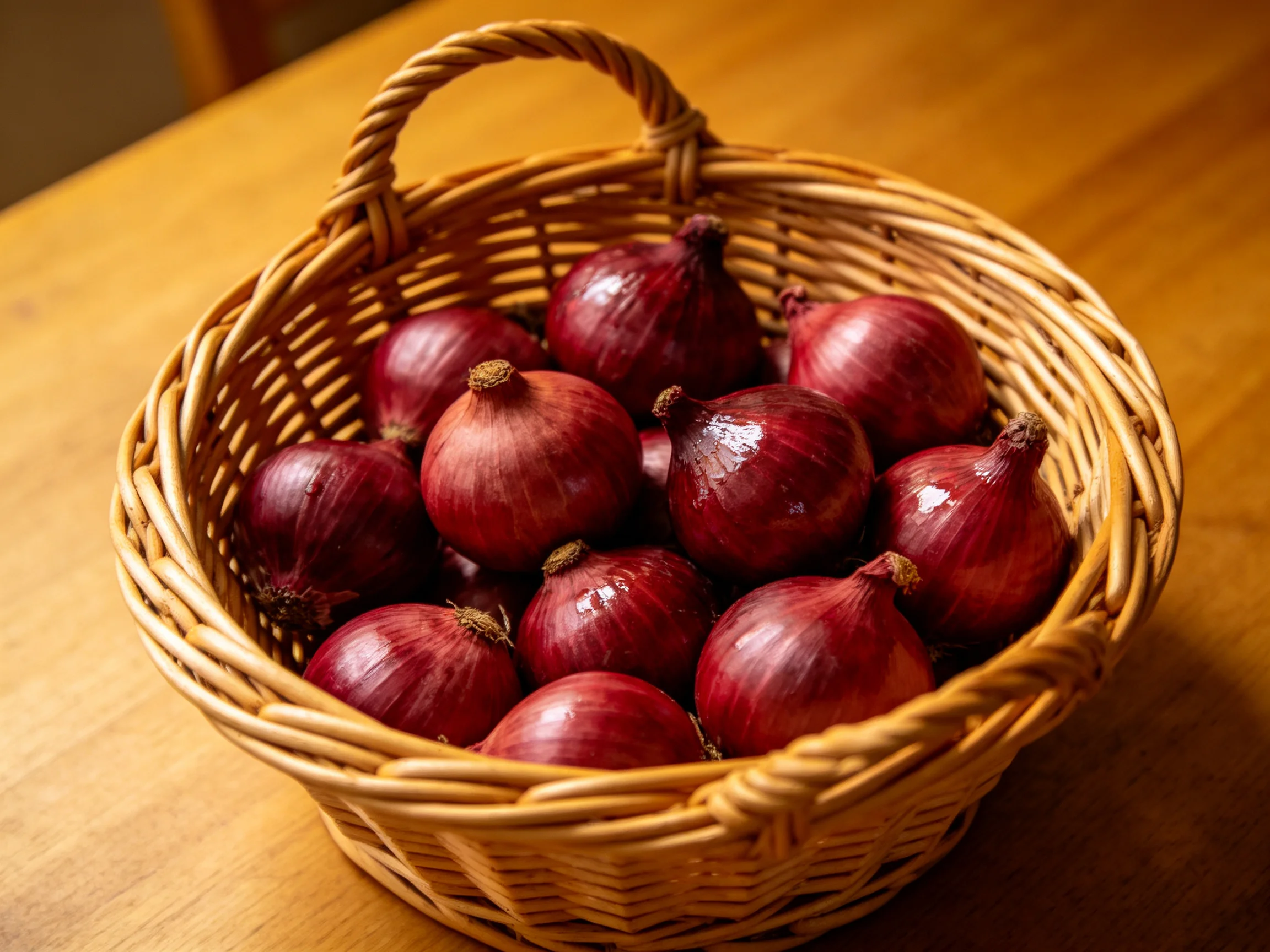 A woven basket holds glossy red onions on a wooden table