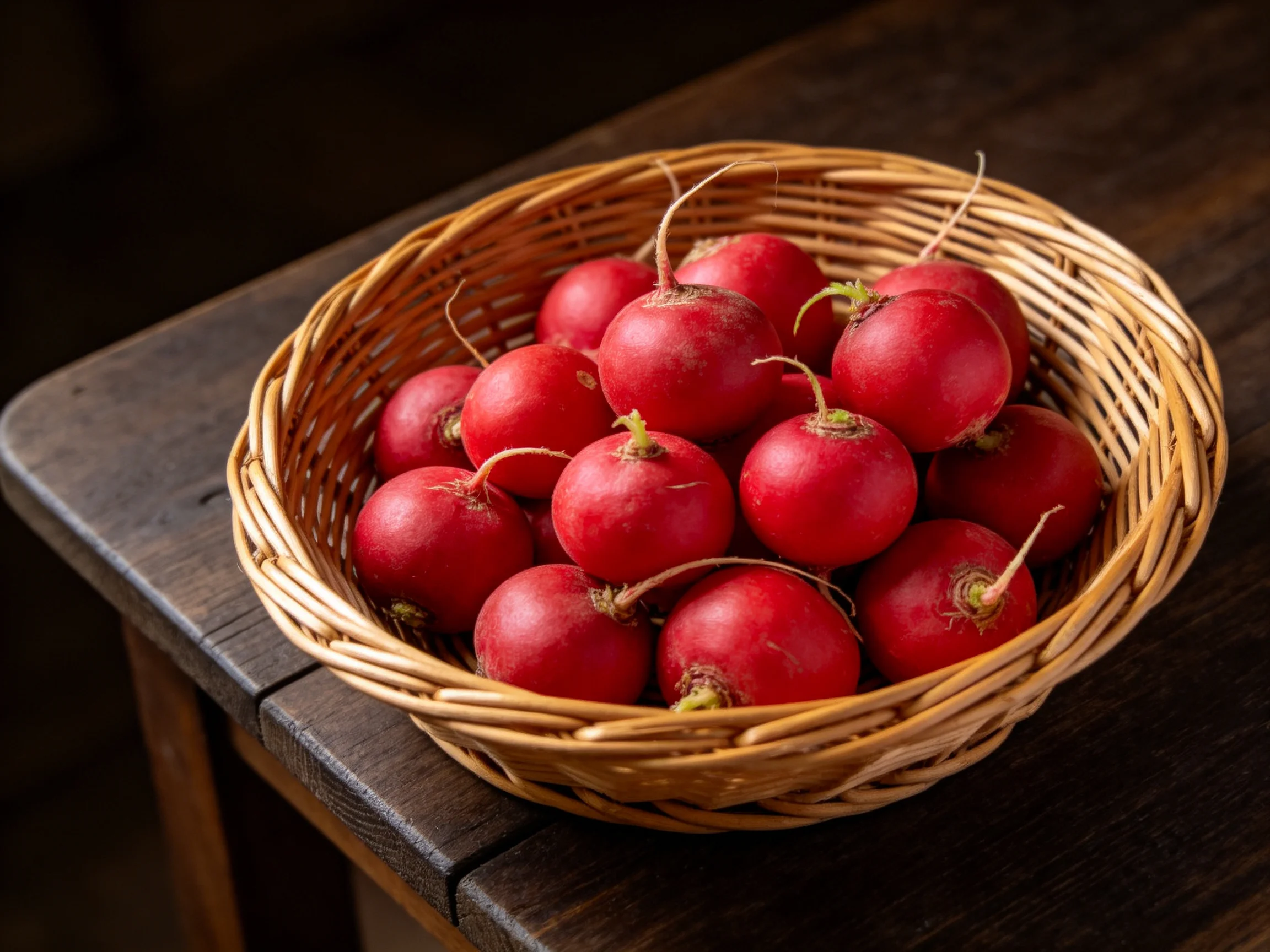 A woven basket holds numerous bright red radishes on a dark wooden surface
