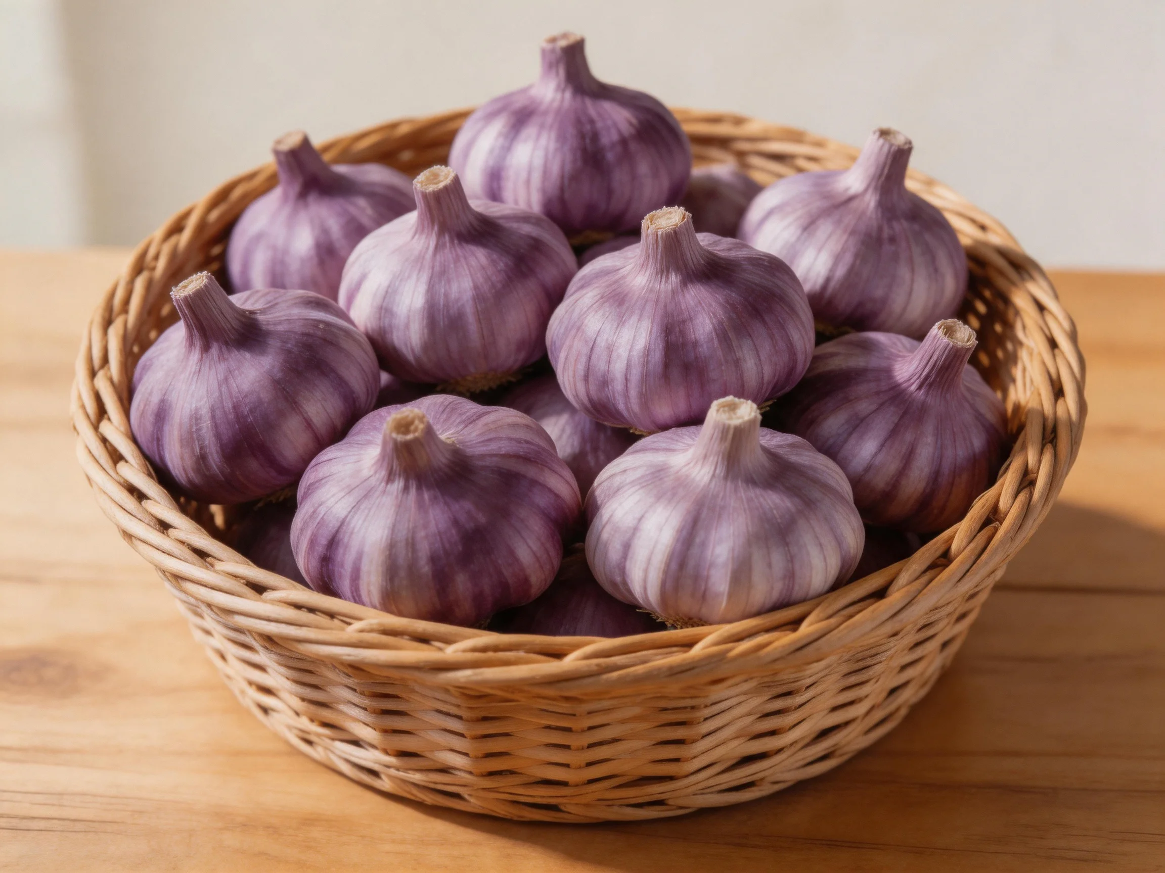 A woven basket holds numerous purple garlic bulbs on a wooden table