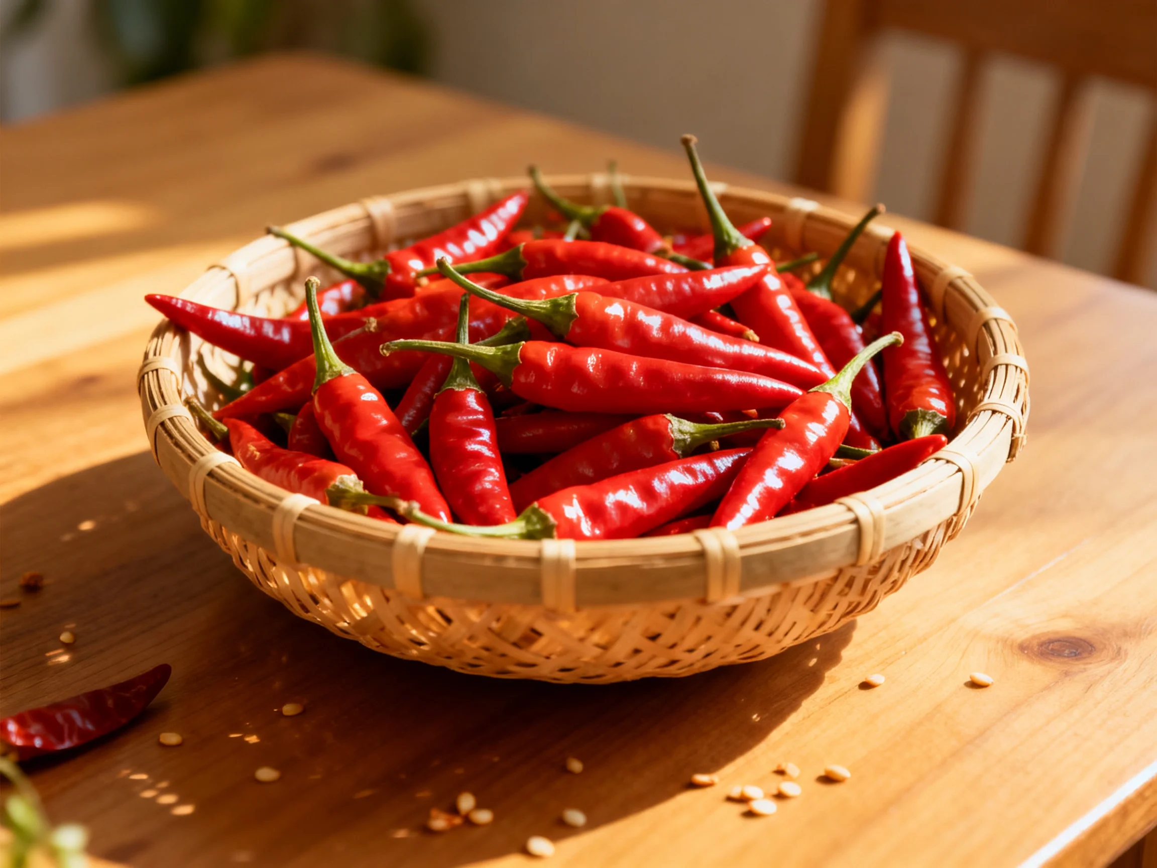 A woven basket holds numerous red chili peppers on a wooden table
