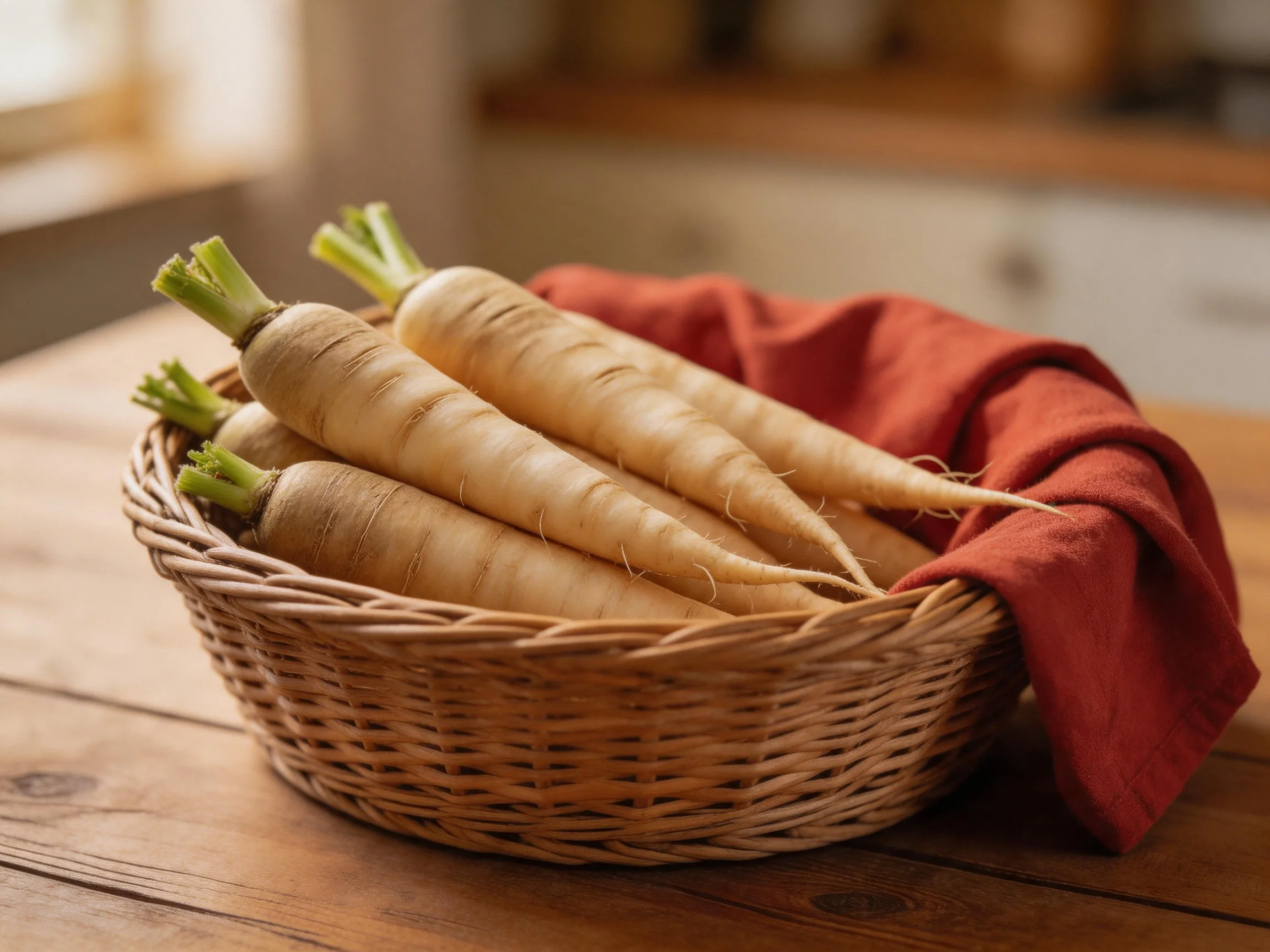 A woven basket holds pale parsnips with a red cloth on a wooden table