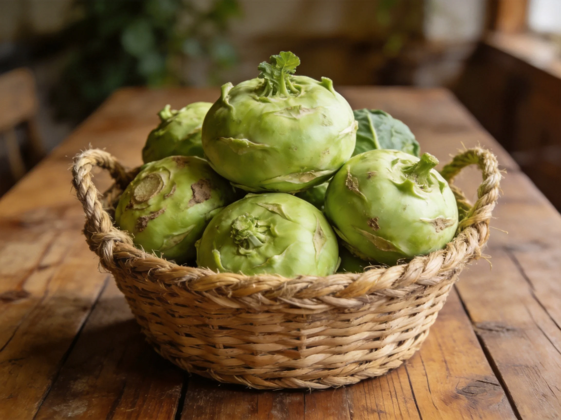 A woven basket holds six green kohlrabi on a rustic wooden table