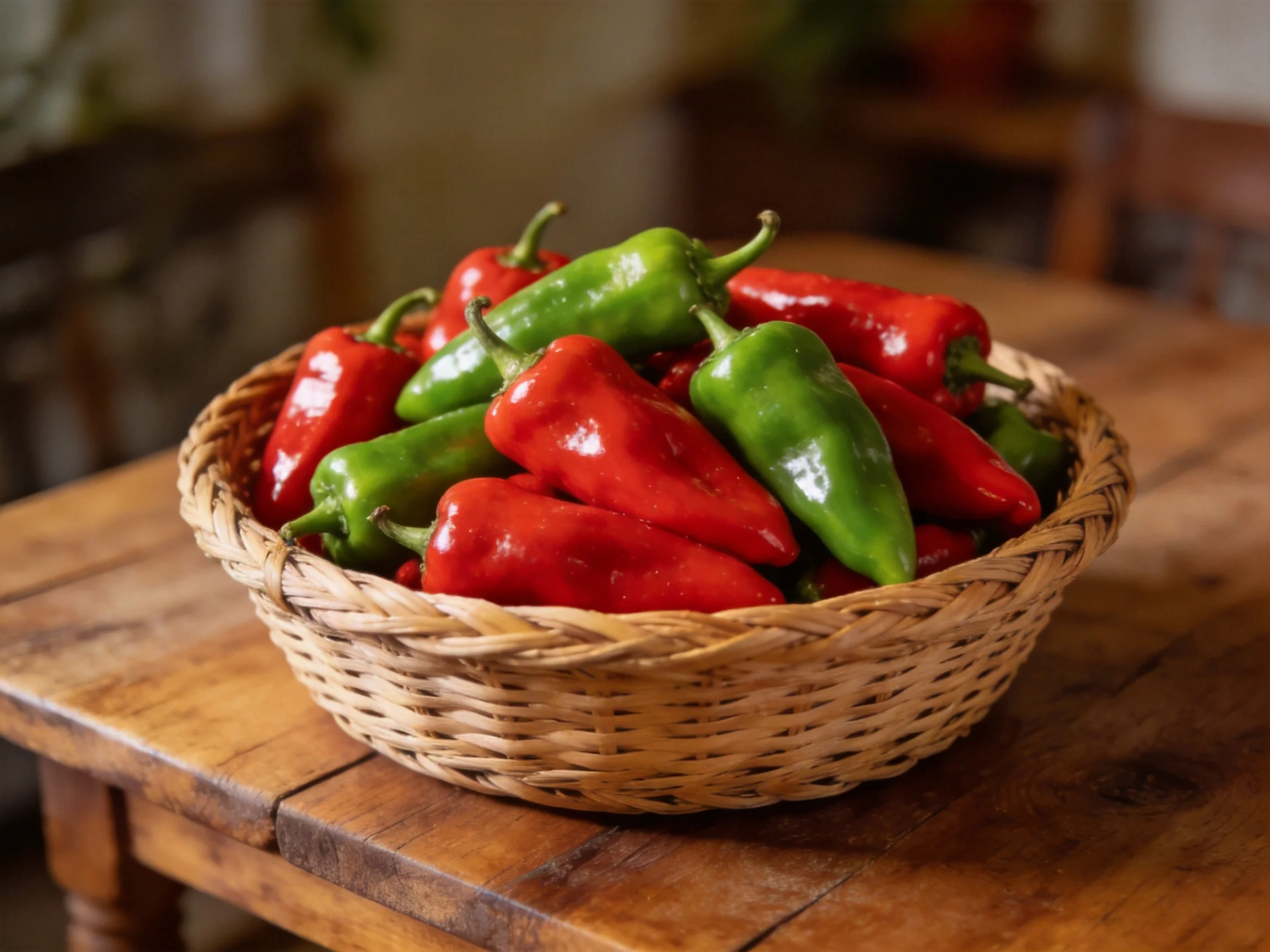 A woven basket holds vibrant red and green peppers on a rustic wooden table