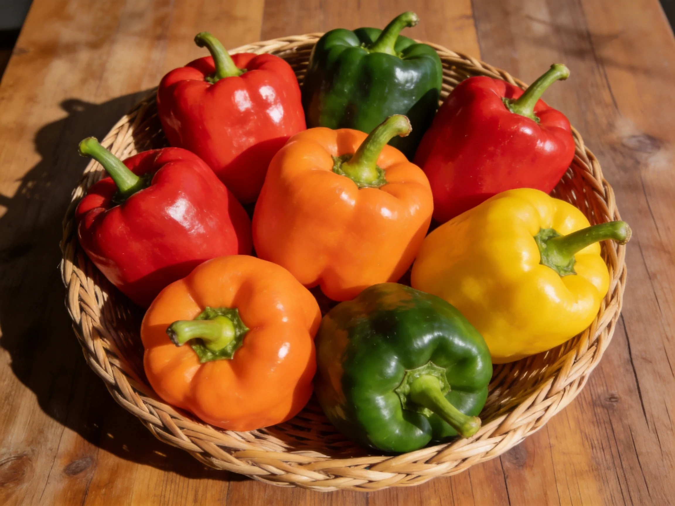 A woven basket holds vibrant red, green, orange, and yellow bell peppers
