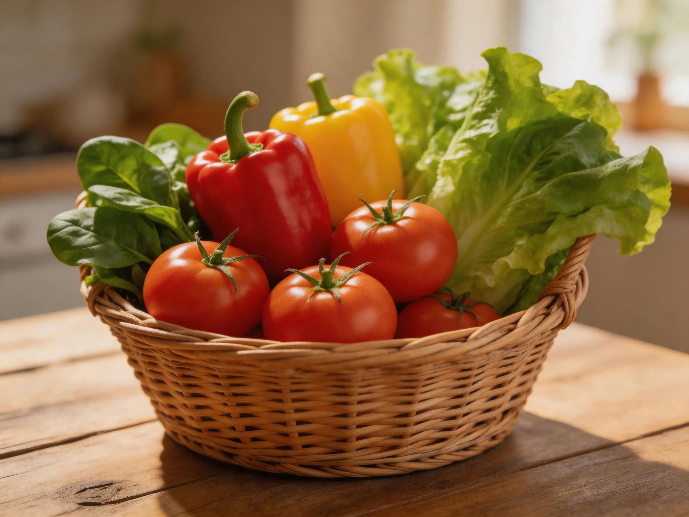 A woven basket holds vibrant tomatoes, bell peppers, and leafy greens