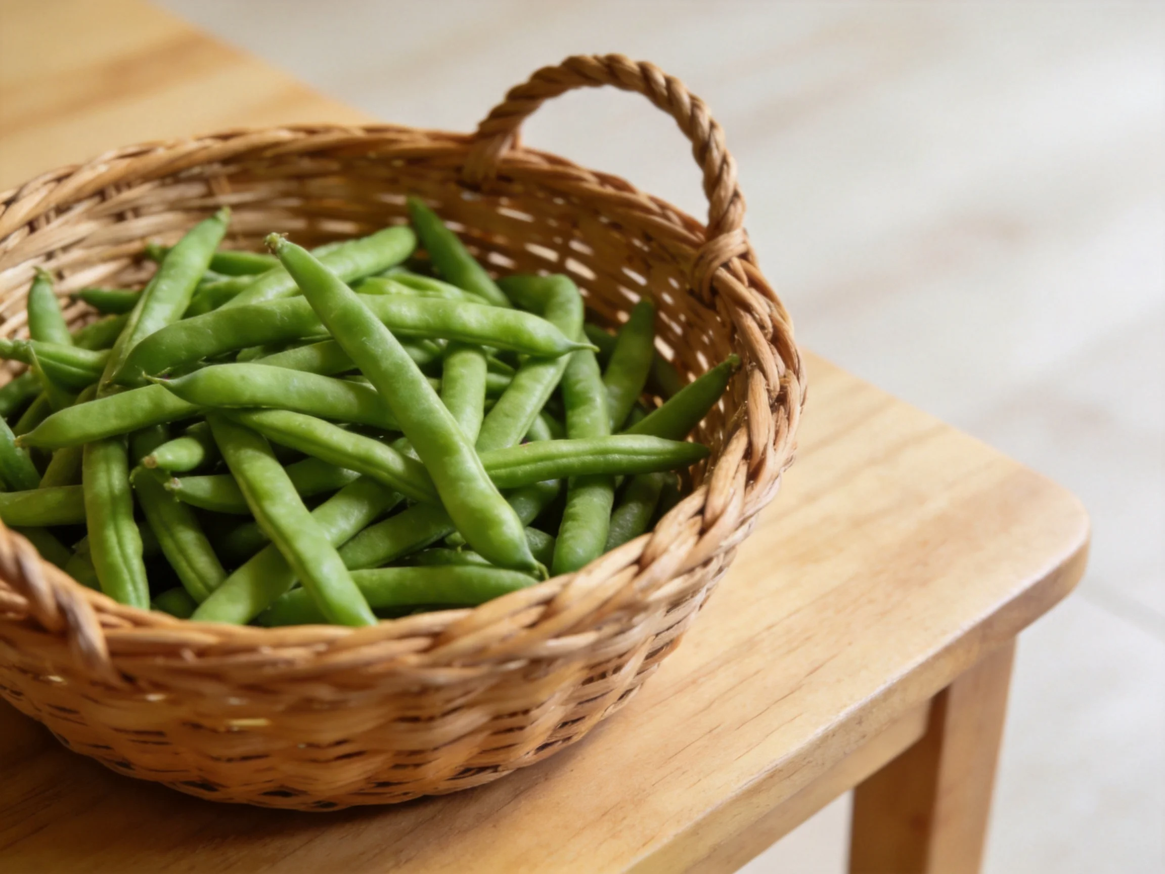 A woven basket overflowing with fresh green beans sits on a wooden table
