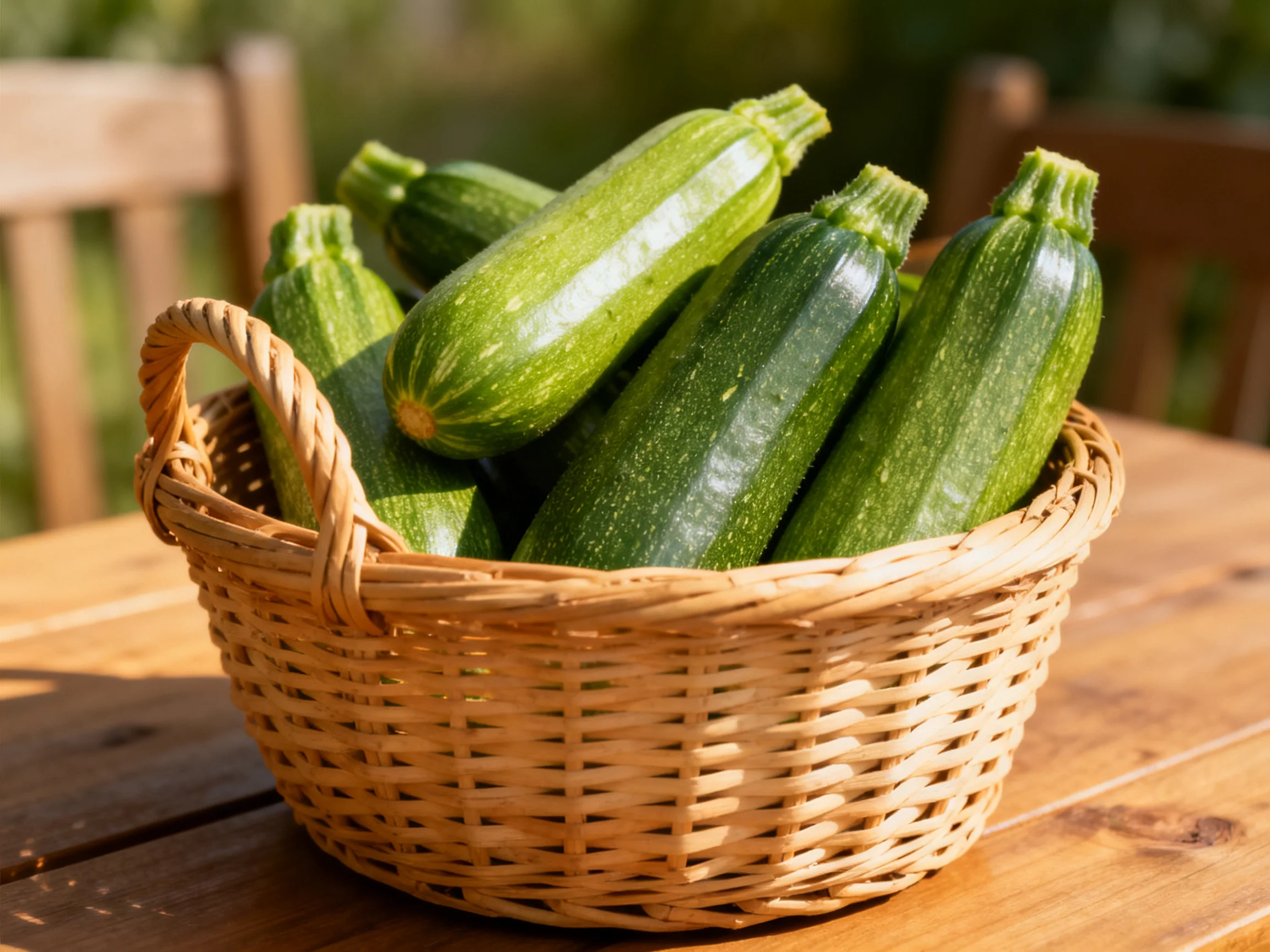 A woven basket overflows with fresh green zucchinis on an outdoor wooden table.