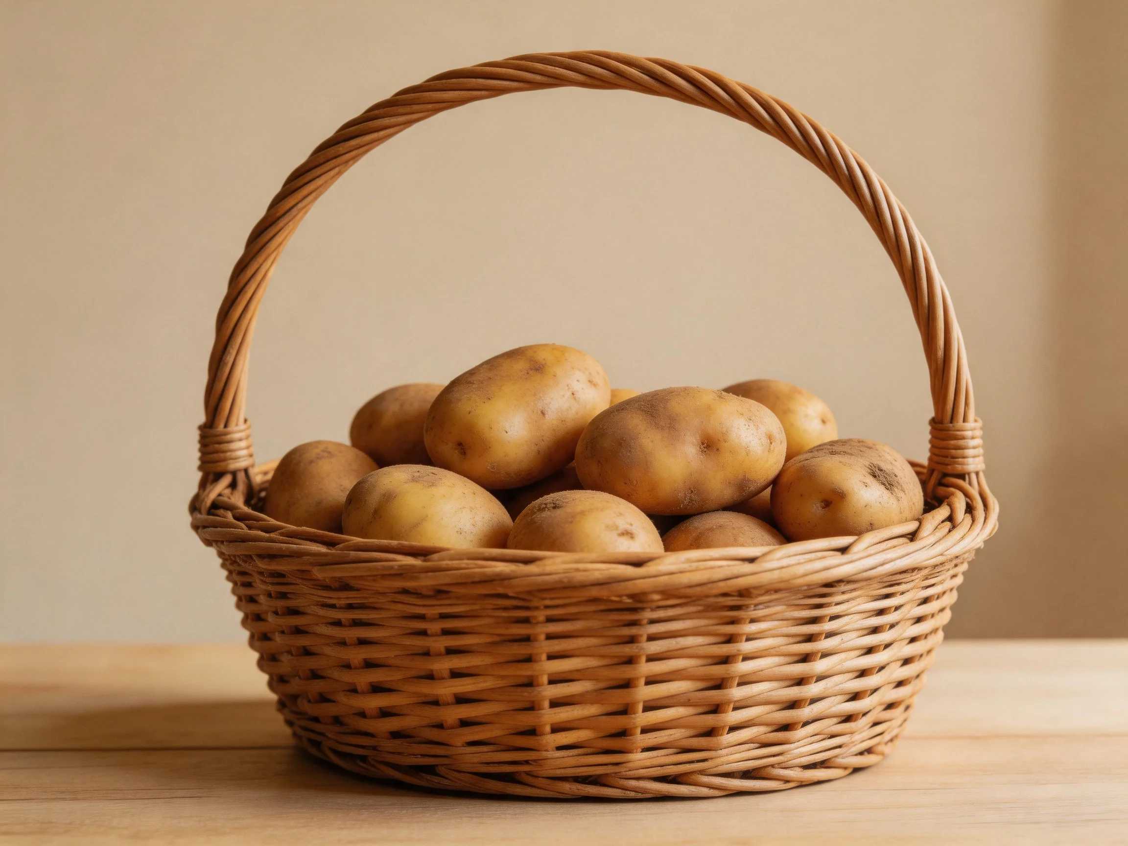 A woven brown basket holds earth-toned potatoes on a wooden surface