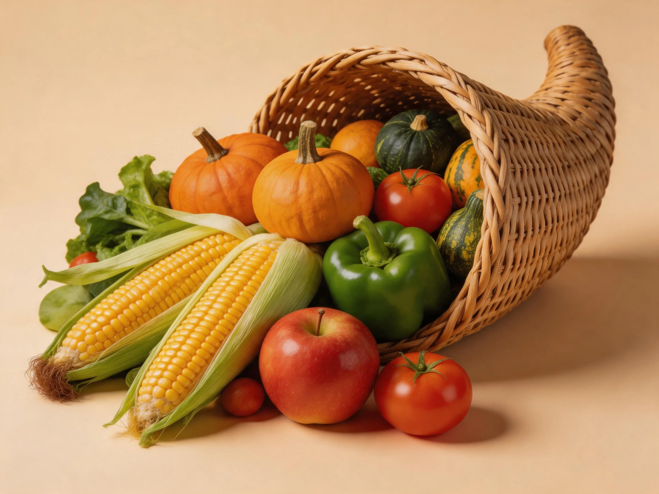 A woven cornucopia holds corn, pumpkins, tomatoes, an apple, and peppers