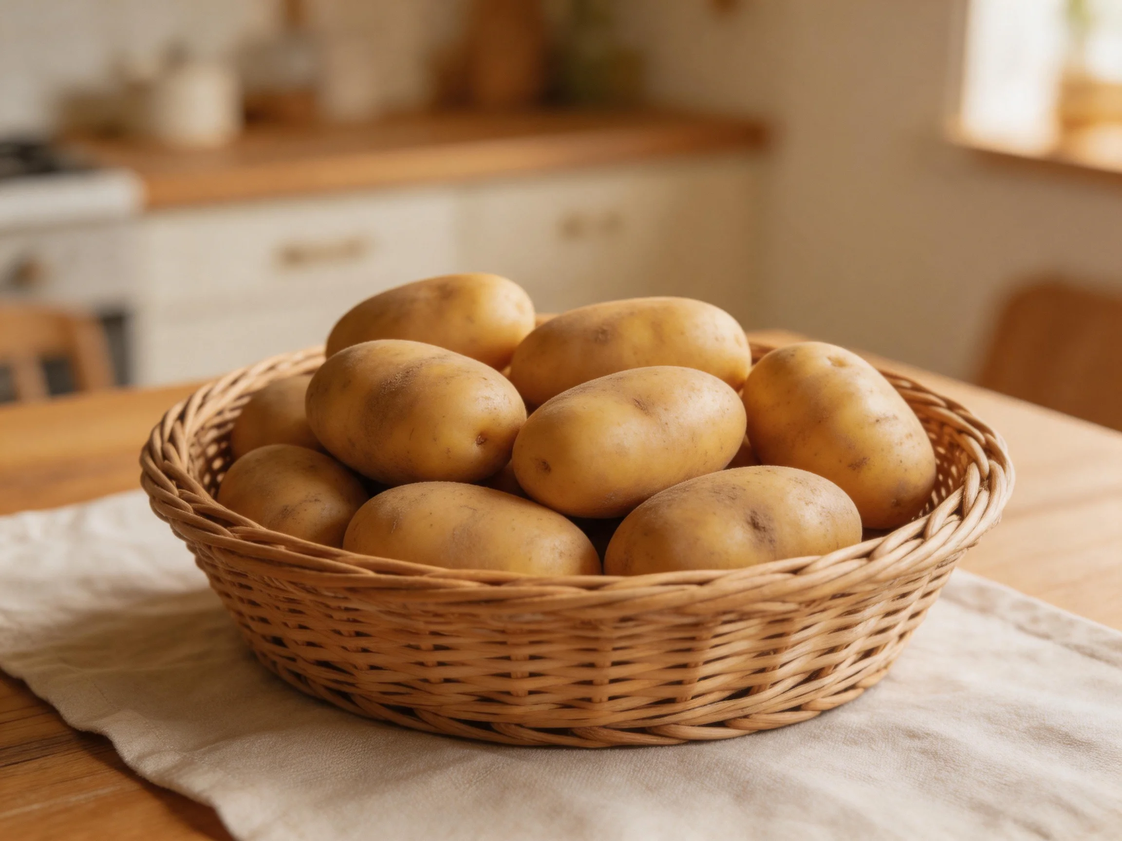 A woven wicker basket contains many light brown potatoes on a wooden table