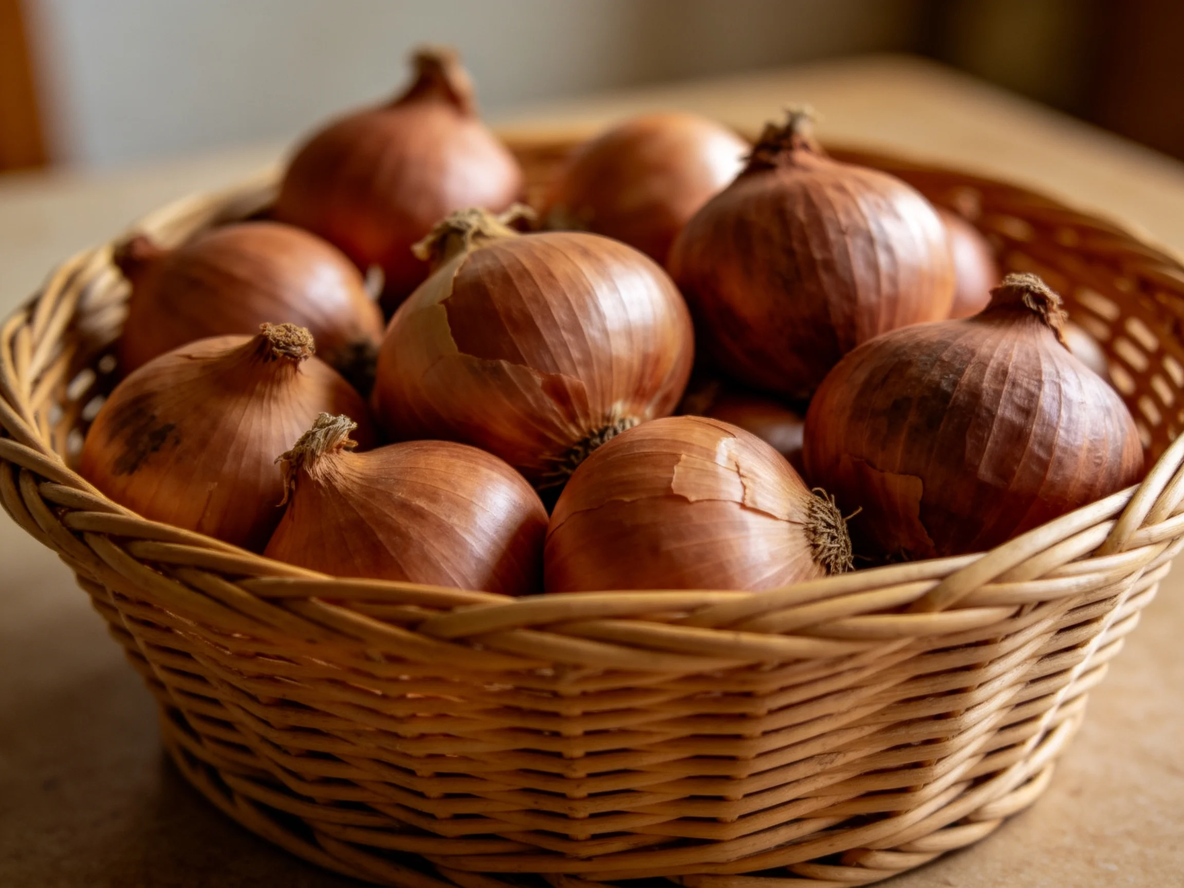A woven wicker basket filled with brown onions, each with textured exteriors