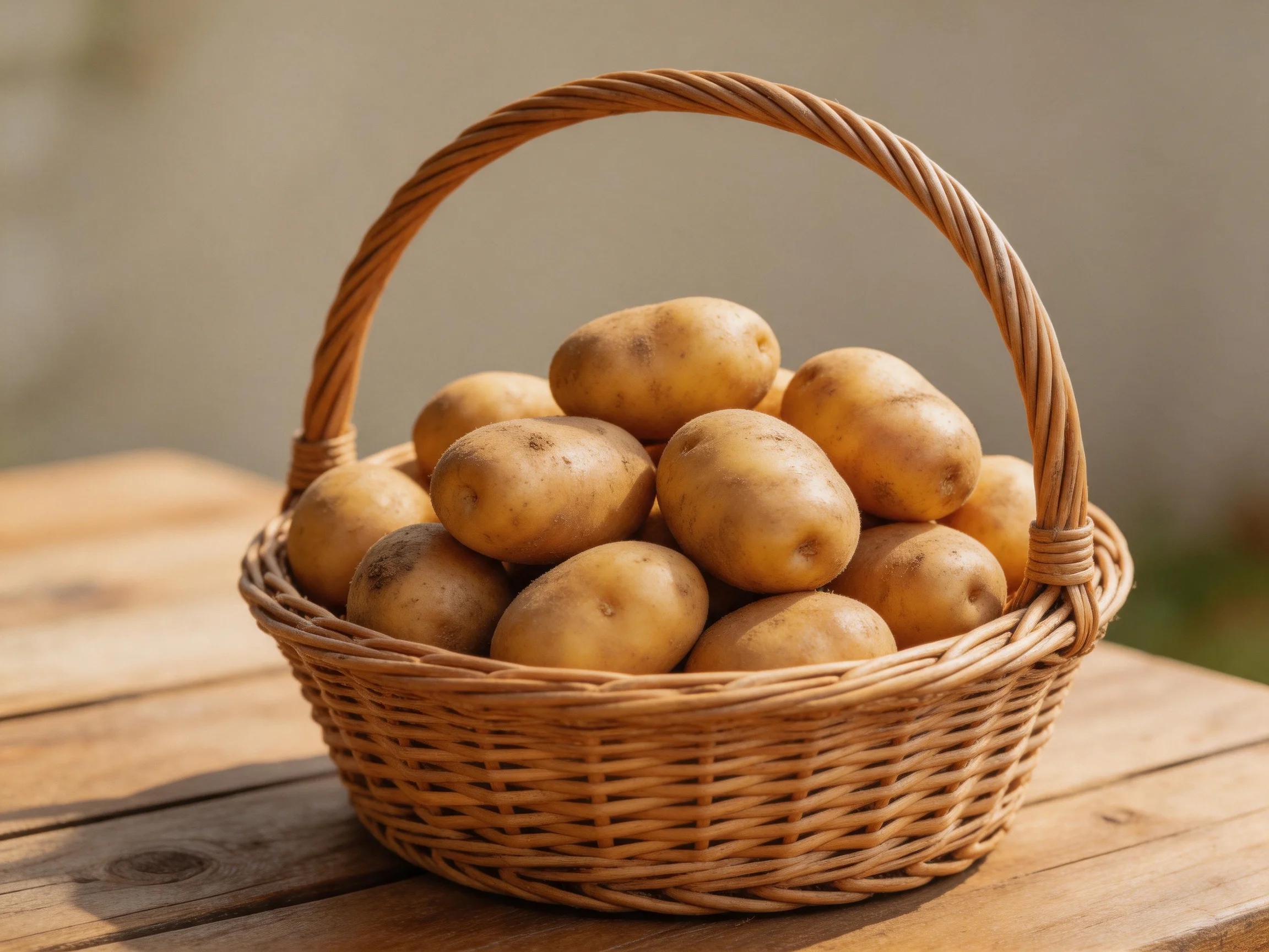 A woven wicker basket filled with light brown potatoes on a wooden table