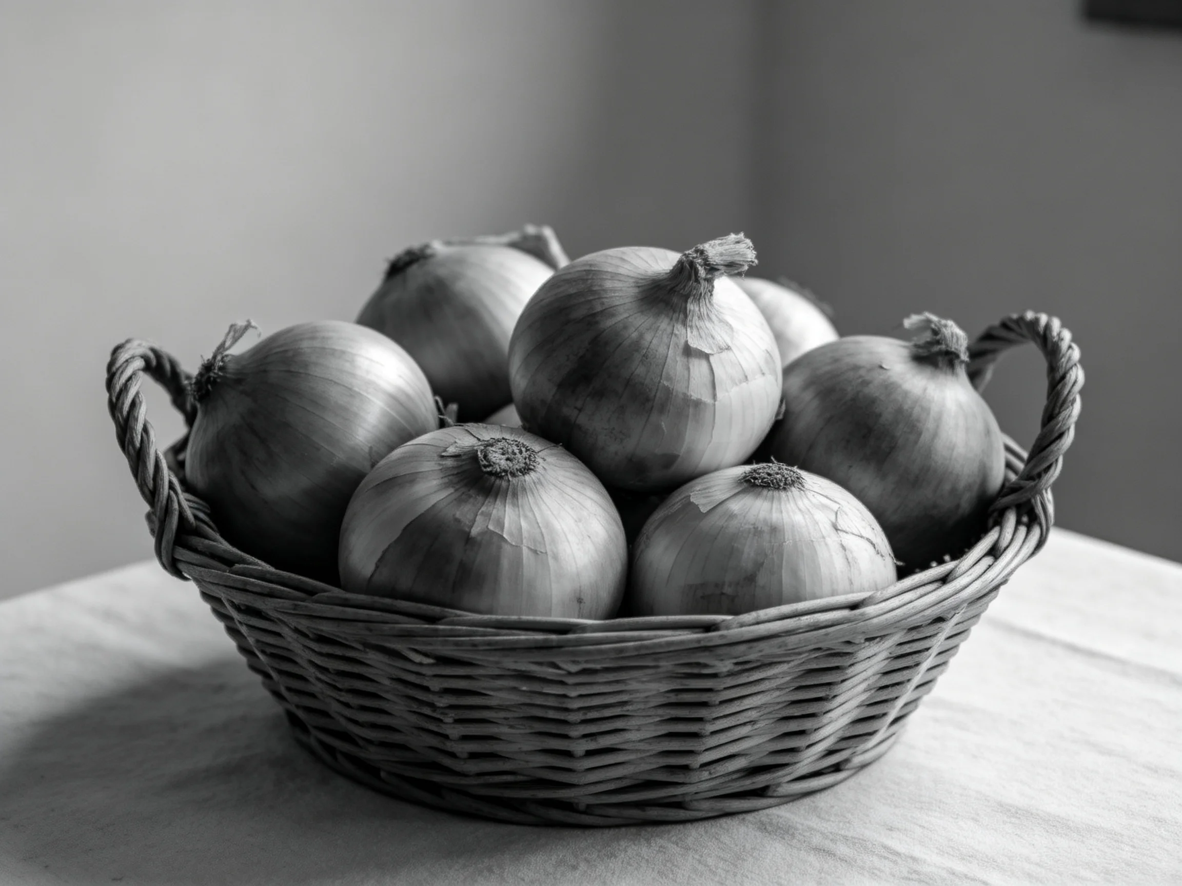A woven wicker basket holding round onions in monochrome
