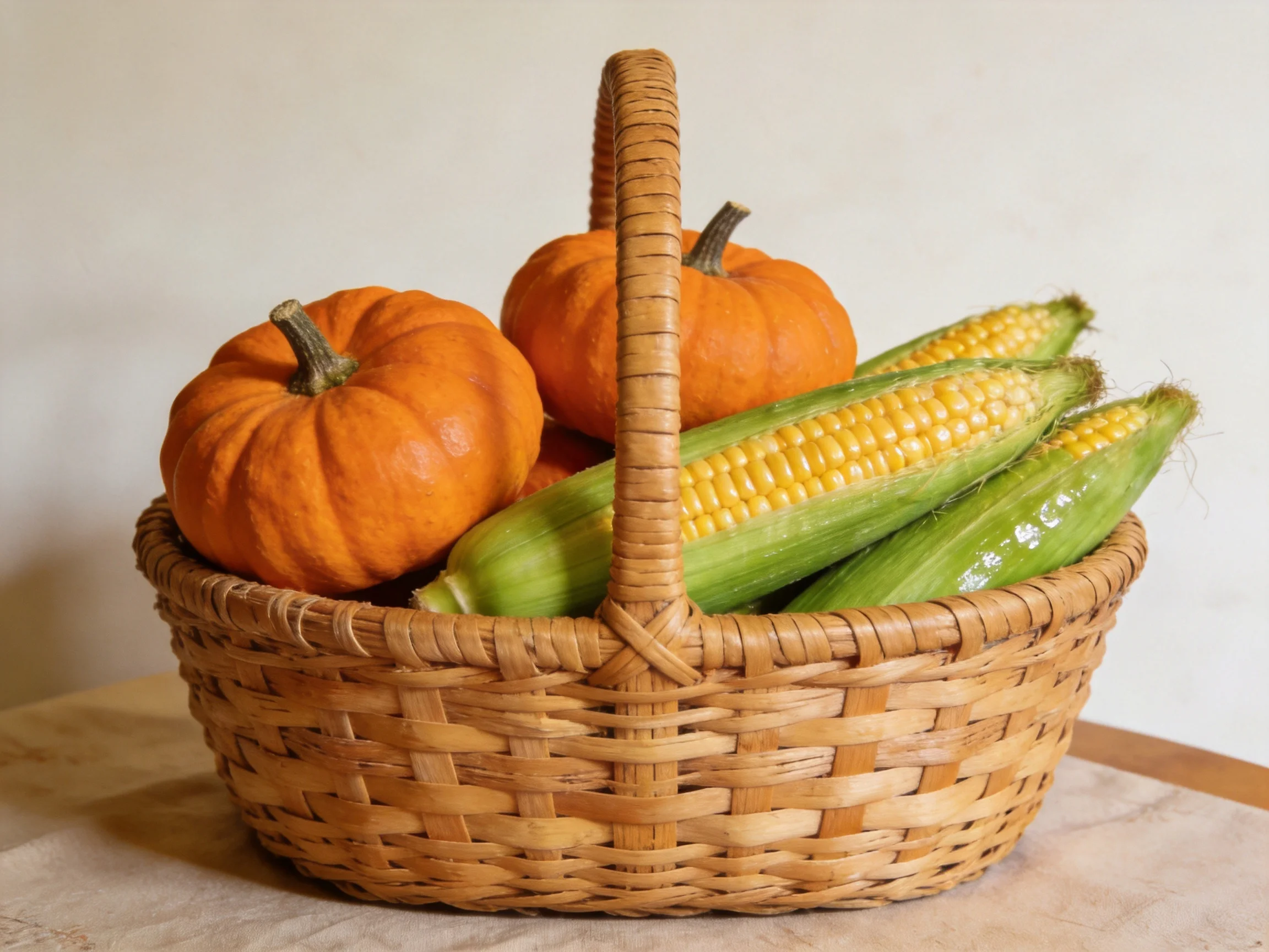 A woven wicker basket holds two small orange pumpkins and three ears of corn