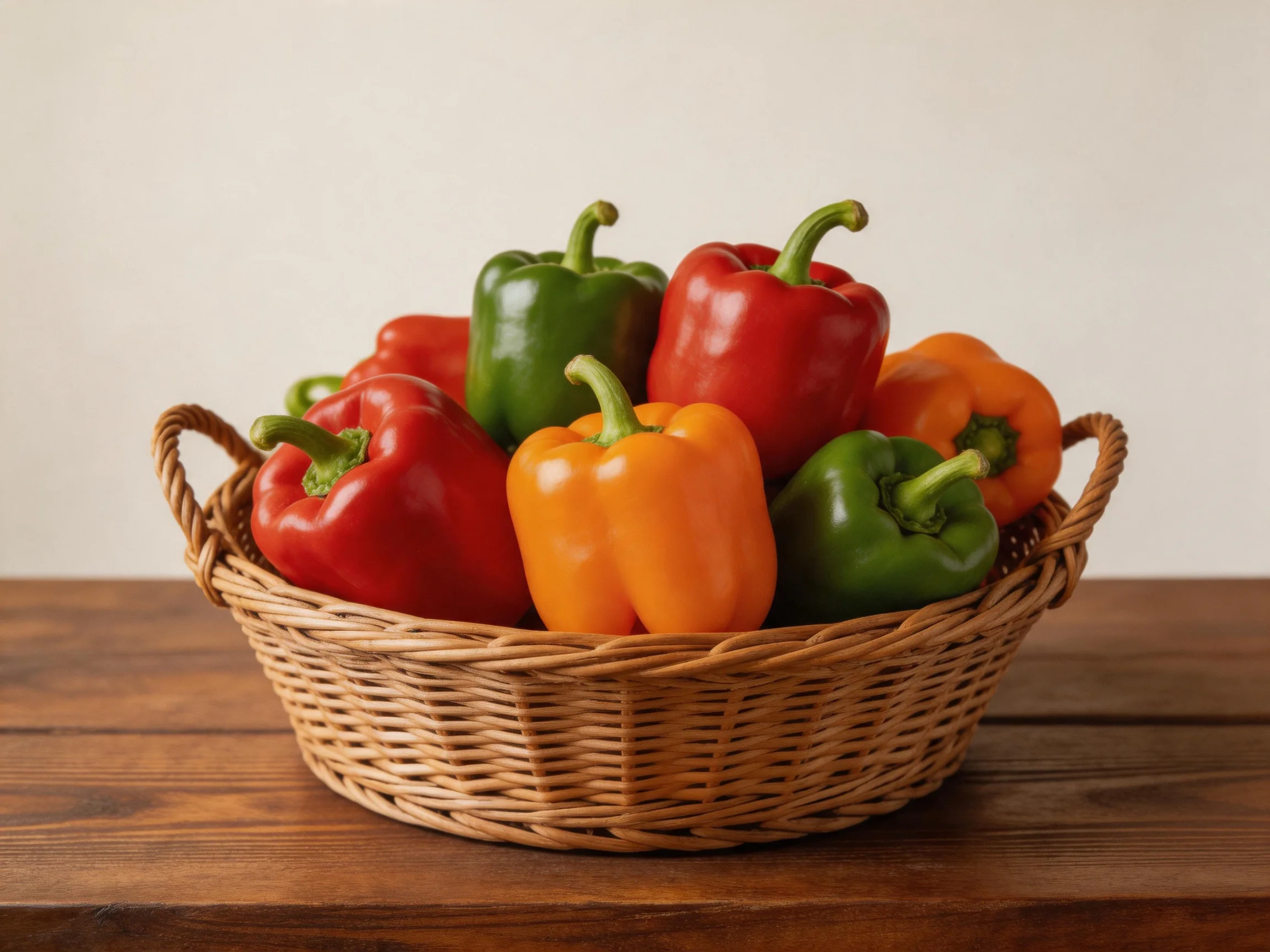 A woven wicker basket holds vibrant red, green, and orange bell peppers on a wooden surface