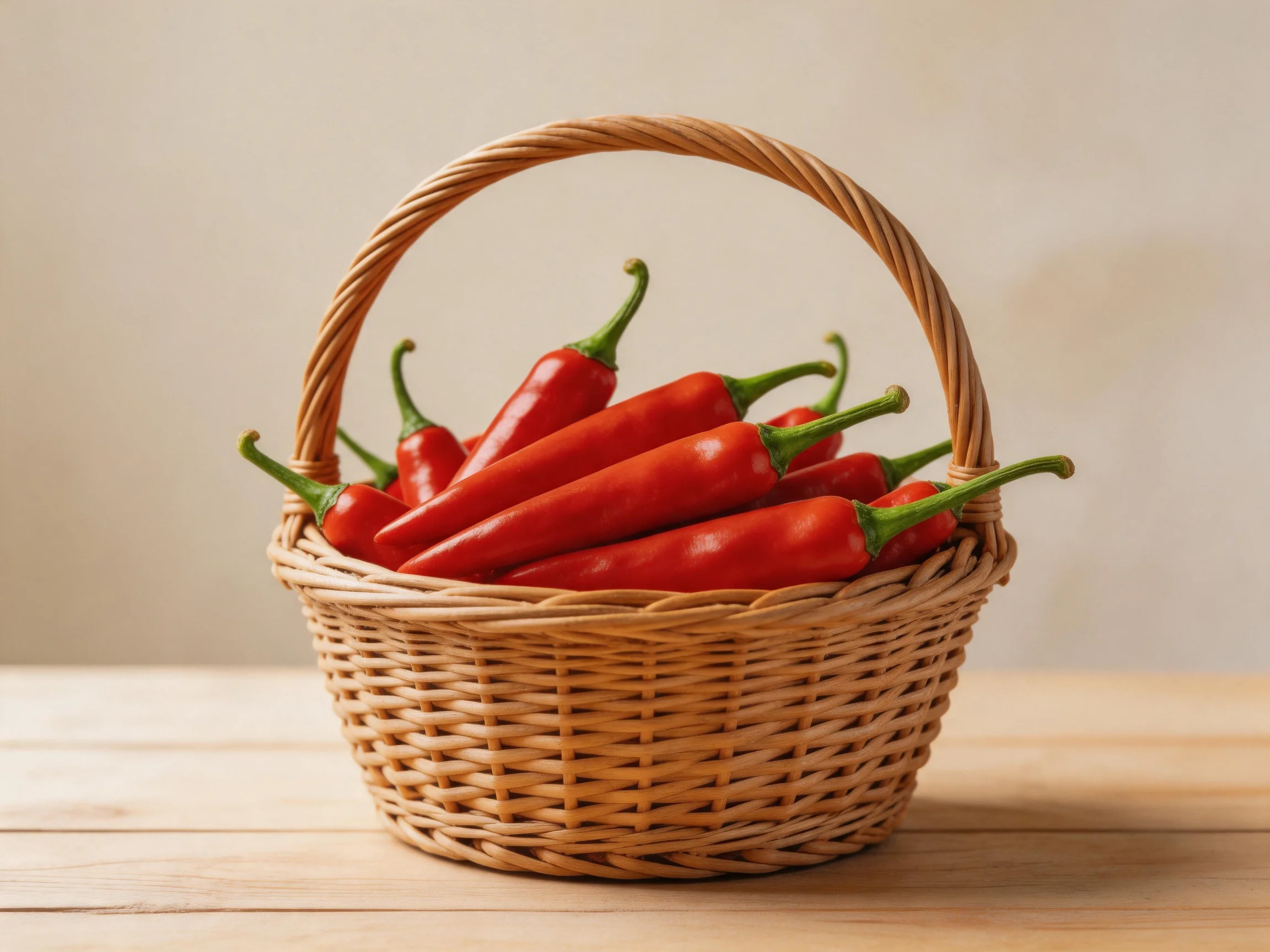A woven wicker basket overflowing with bright red chili peppers on a wooden surface