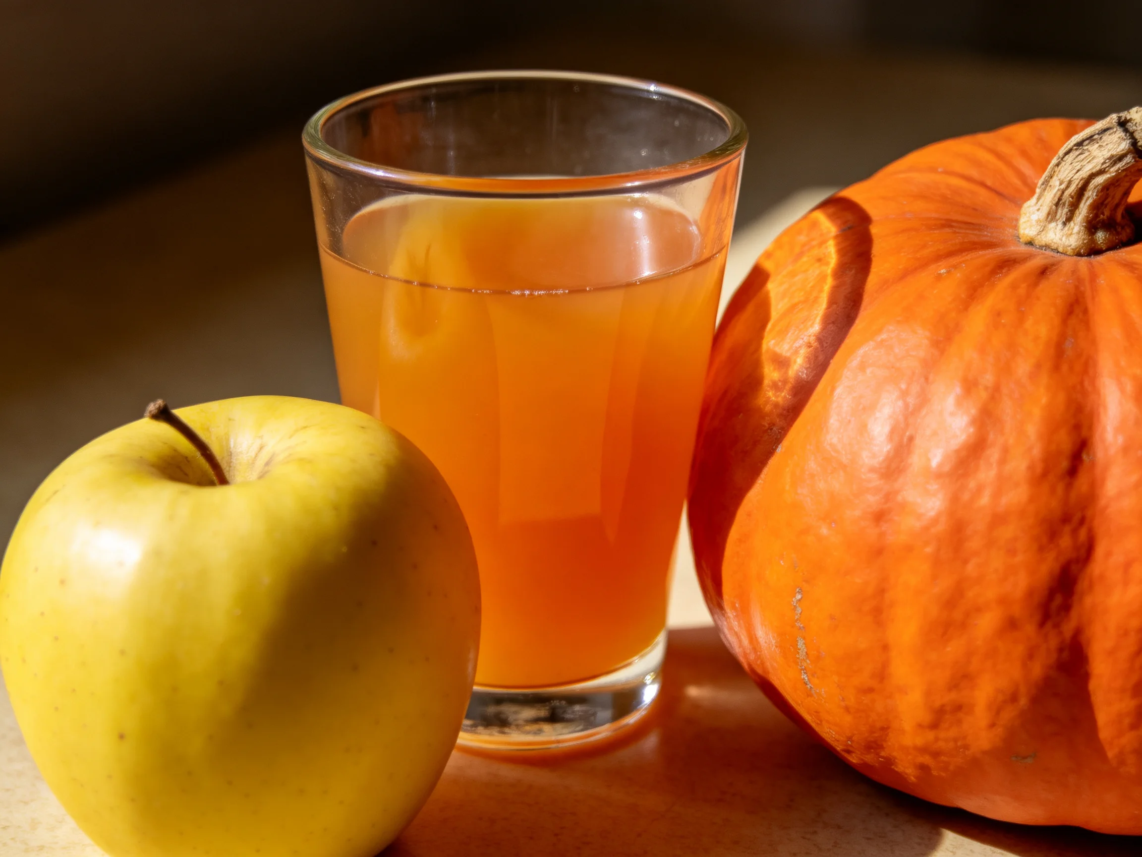 A yellow apple, a glass of orange juice, and a large pumpkin sit together