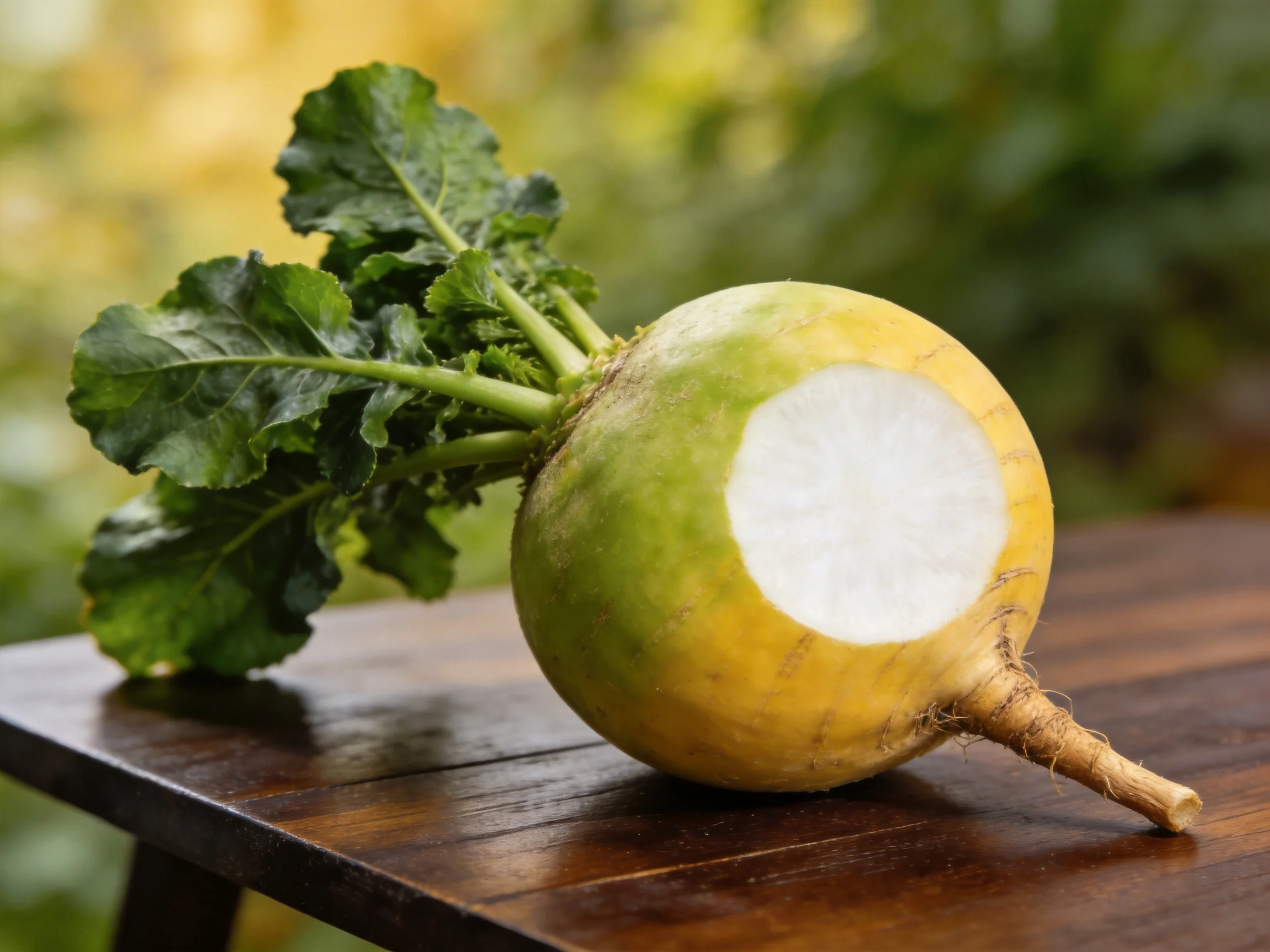 A yellow-green turnip with leafy greens on a polished wooden table