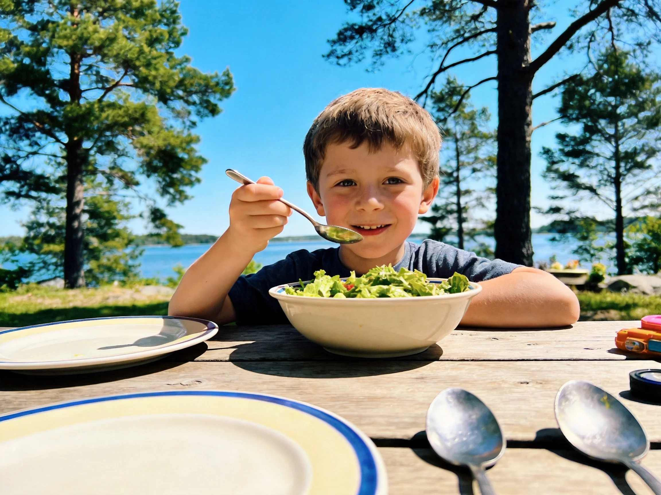 A young boy enjoys fresh salad at sunny lakeside picnic table