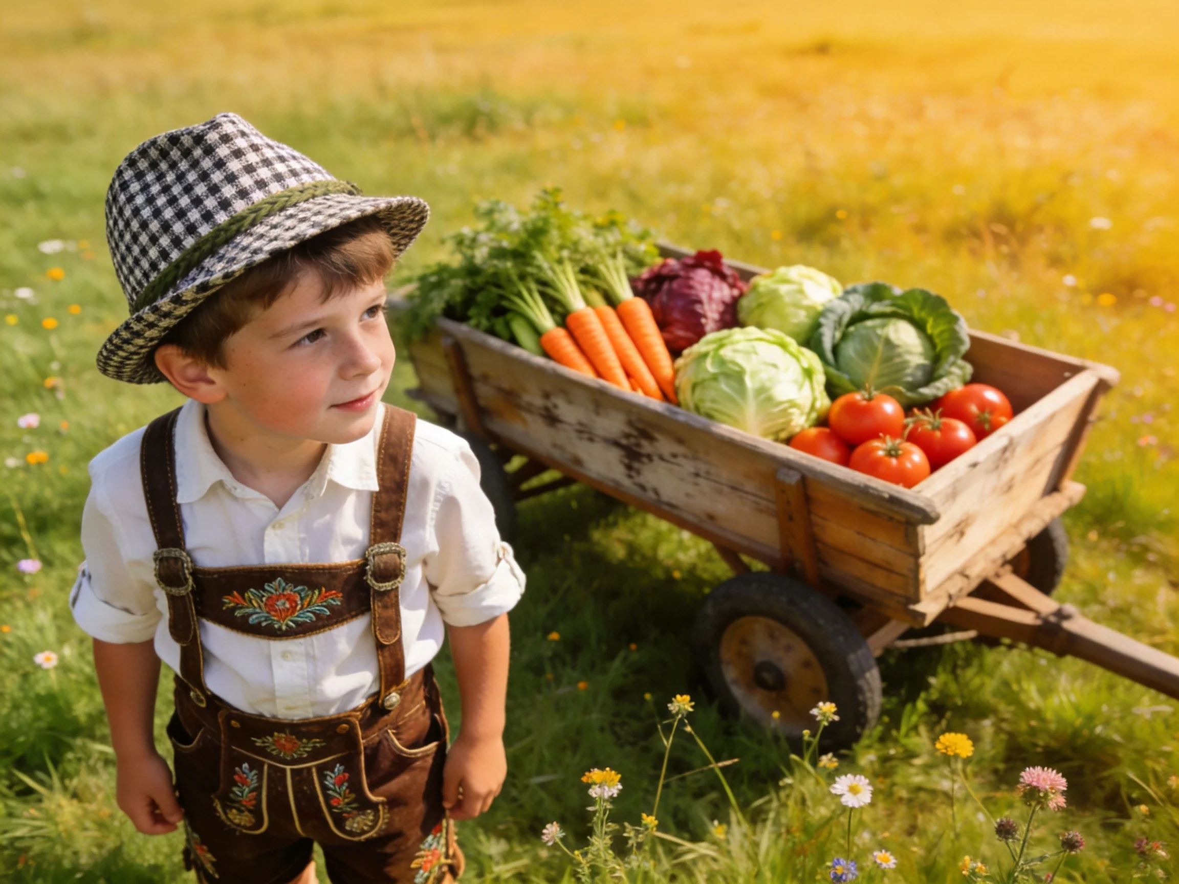 A young boy in traditional clothing stands by a wooden cart of fresh vegetables in a sunlit field