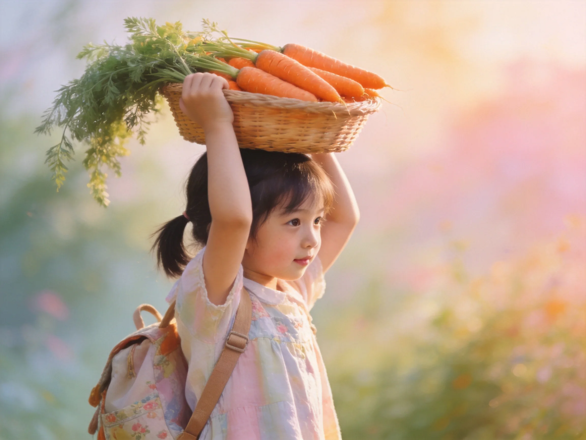 A young girl balancing a basket of bright orange carrots outdoors
