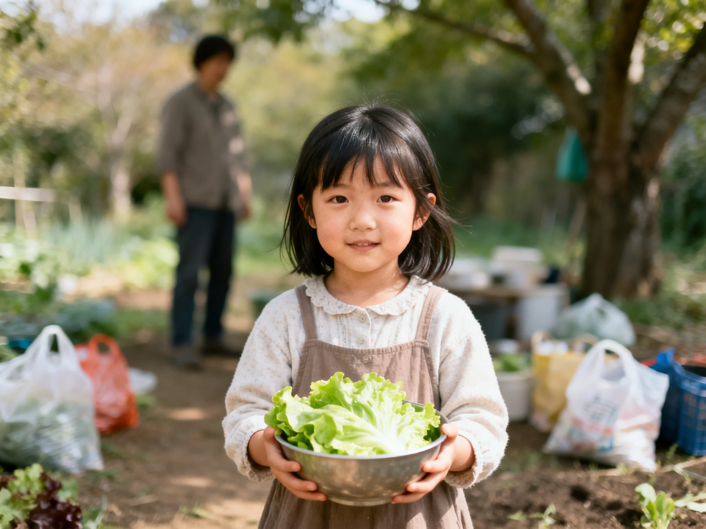 A young girl holds a metal bowl of fresh green lettuce in a sunlit garden