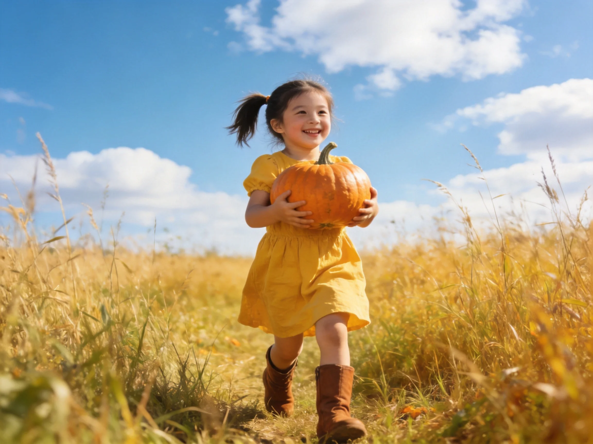 A young girl in a yellow dress carries an orange pumpkin through golden fields