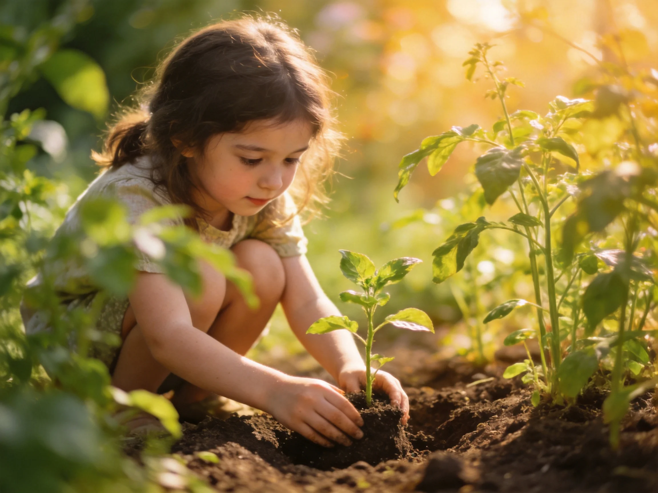 A young girl planting a small green seedling in sun-drenched garden soil